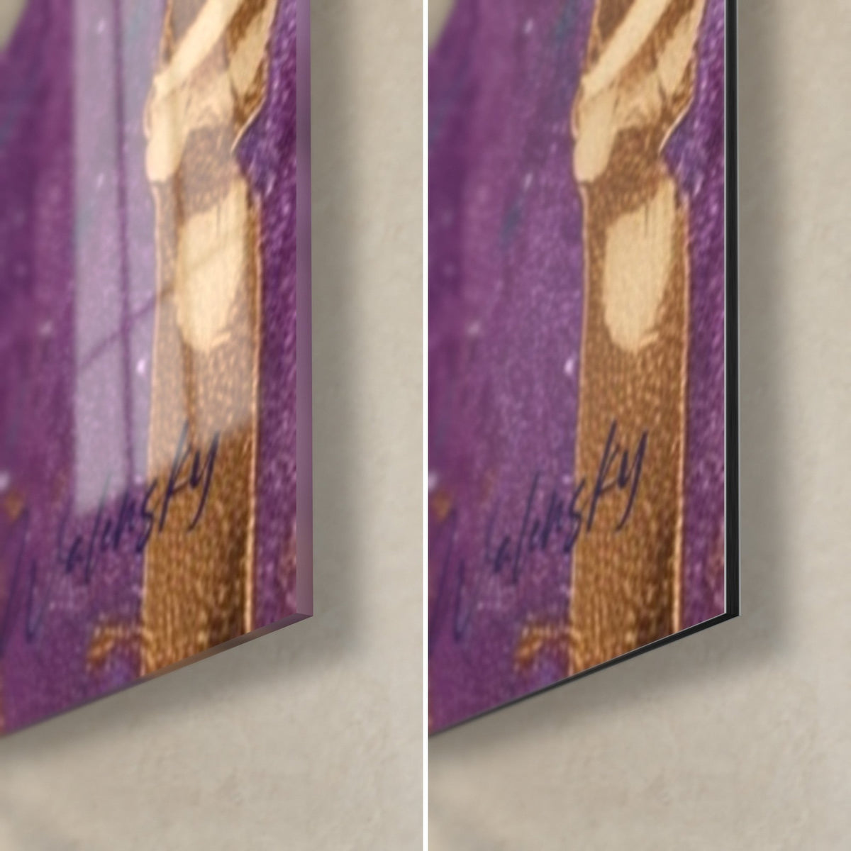 Tableau tige de bambou dorée et feuilles violettes, coin bas droit: verre acrylique brillant à gauche, Dibond noir mat à droite