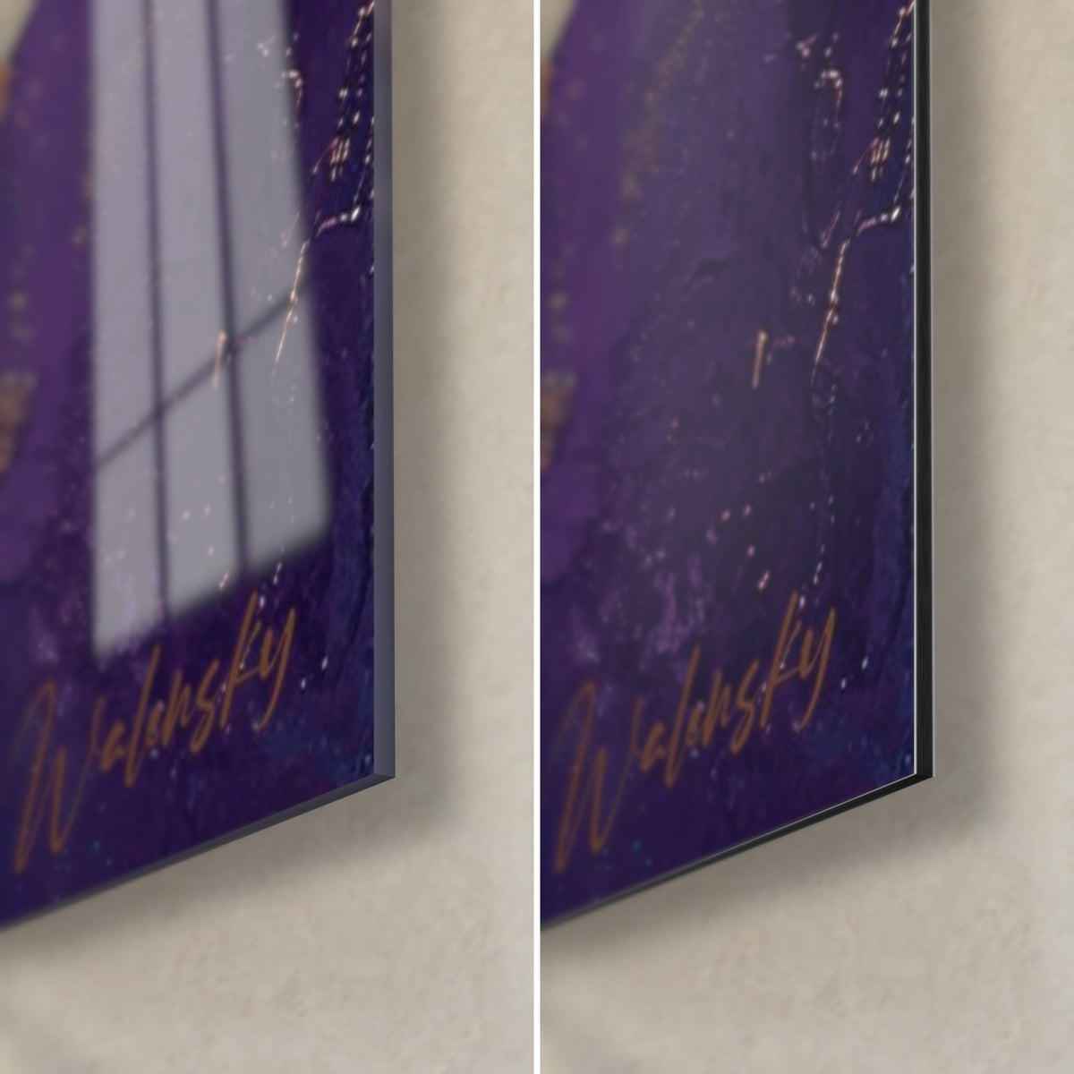 Tableau bambous dorés sur violet, coin bas droit : verre acrylique brillant à gauche, alu Dibond mat à droite, tranche de 3 mm
