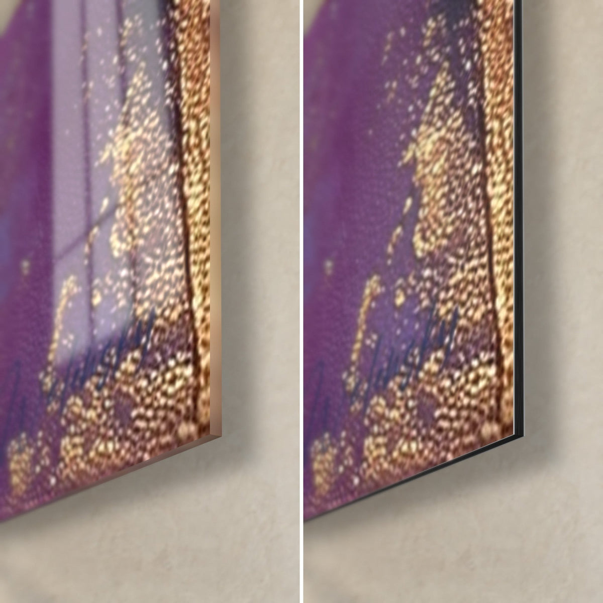 Tableau bambou aux éclaboussures d'or sur violet, coin bas droit : verre acrylique brillant à gauche, alu Dibond mat à droite