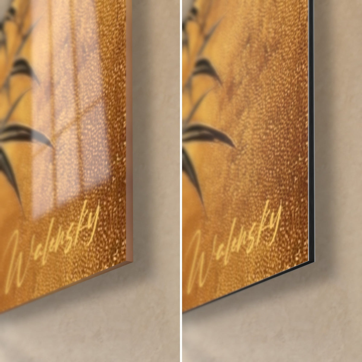 Tableau bambous noirs sur or patiné, coin bas droit : verre acrylique brillant à reflets, alu Dibond mat et tranche de 3 mm