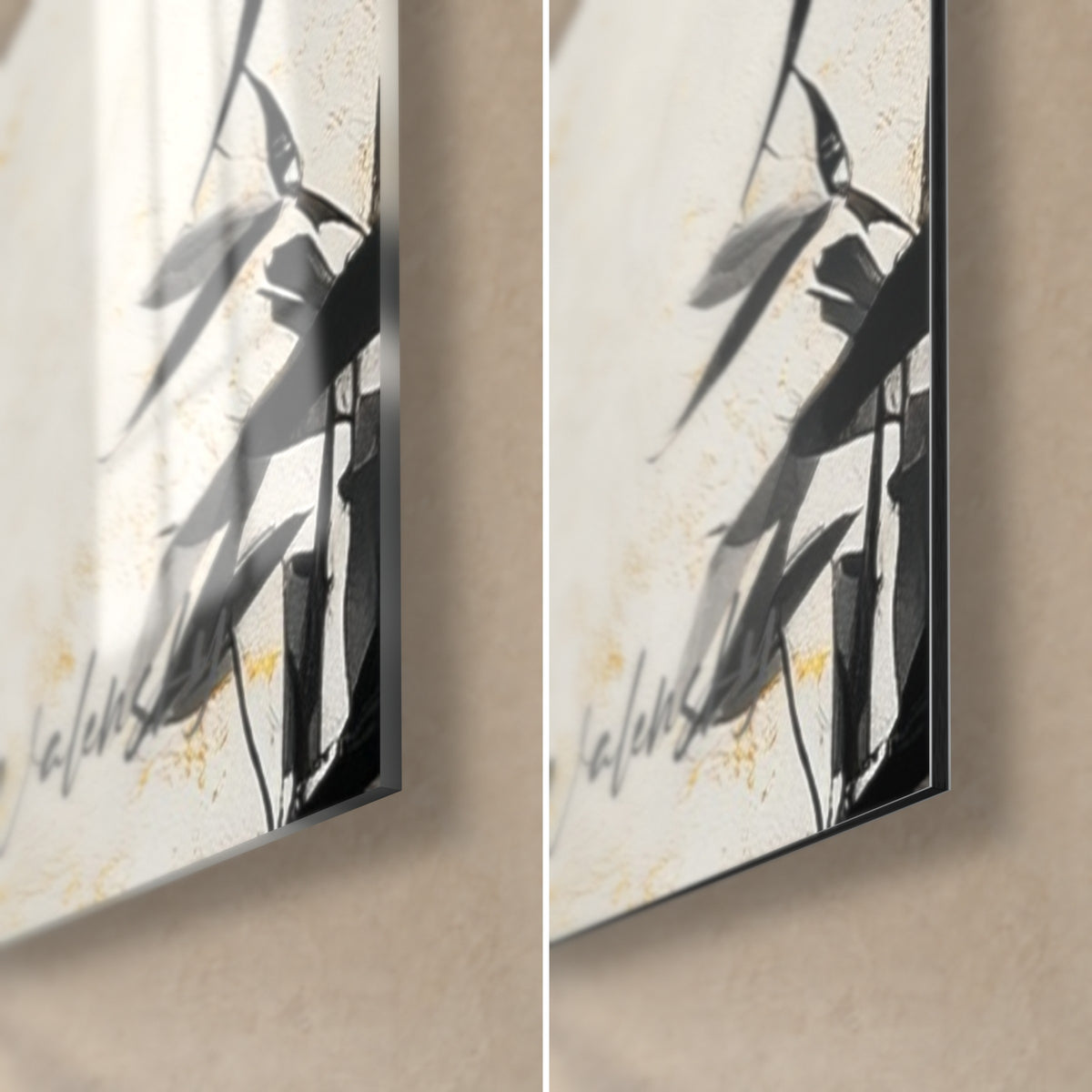 Quadro con sole dorato e foglie di bambù nere, angolo in basso a destra: vetro lucido con riflessi, alluminio Dibond opaco avorio, spessore 3 mm