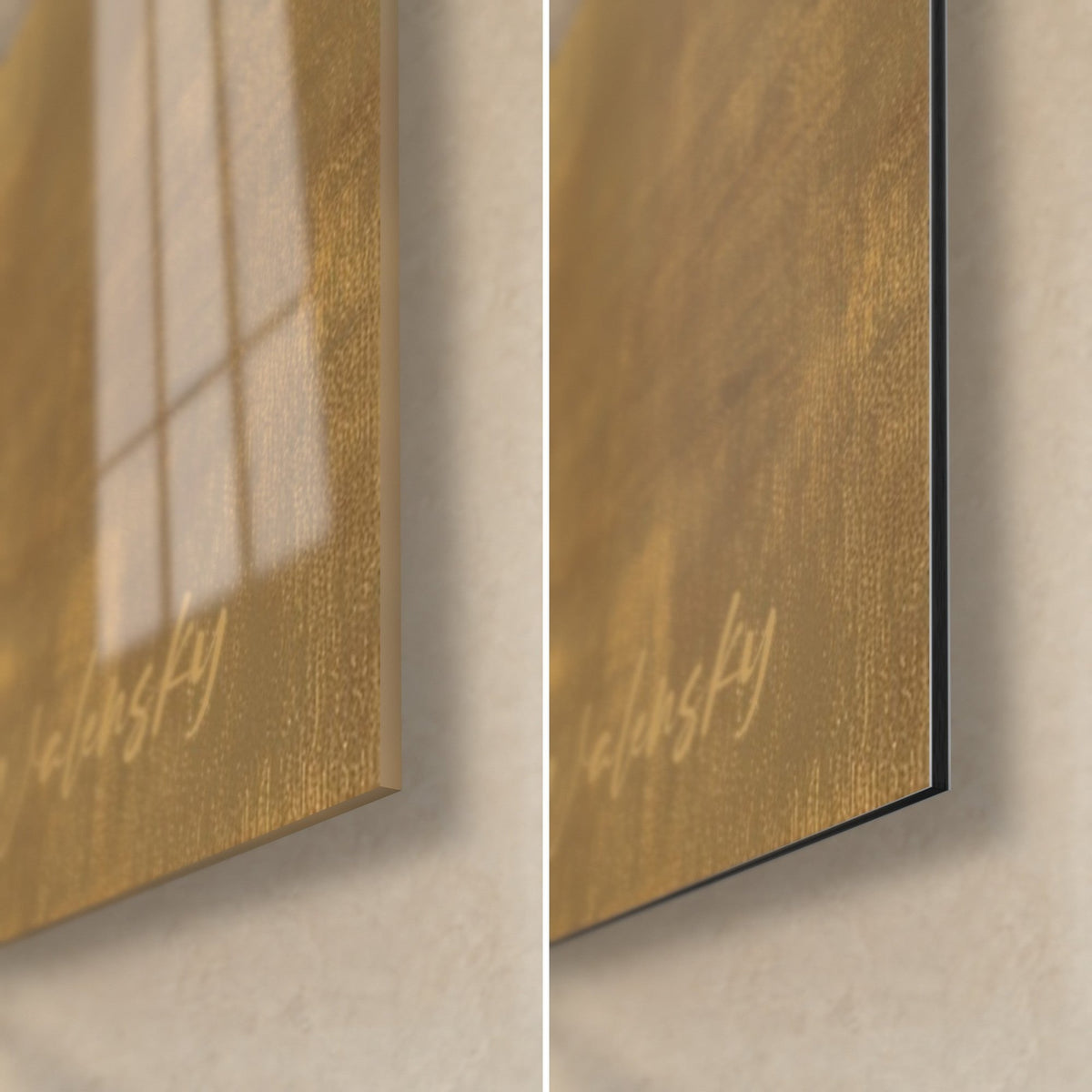 Tableau bambous noirs sur or, coin bas droit : verre acrylique brillant à gauche, alu Dibond mat à droite, tranche de 3 mm