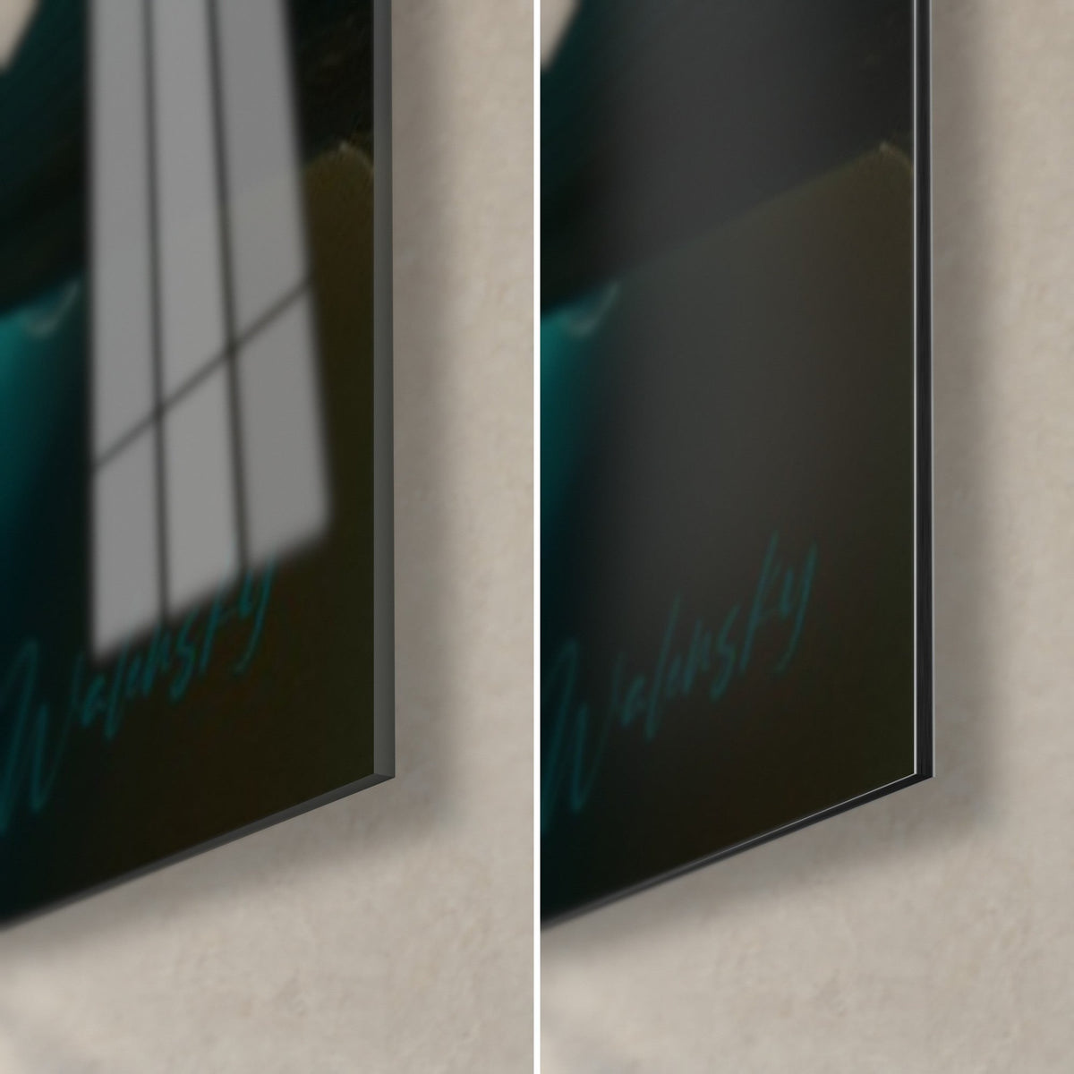 Tableau cannes ambrées et vert émeraude, coin bas droit : verre acrylique brillant à gauche, Dibond noir mat à droite