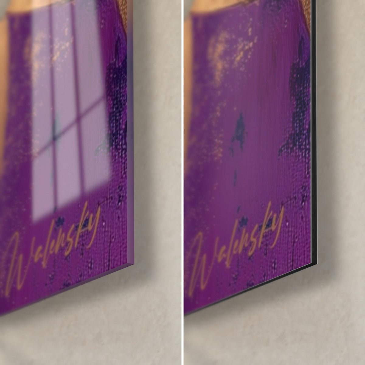 Quadro di fogliame dorato su sfondo viola, angolo in basso a destra: vetro acrilico lucido con riflessi, alluminio Dibond opaco, spessore del bordo 3 mm