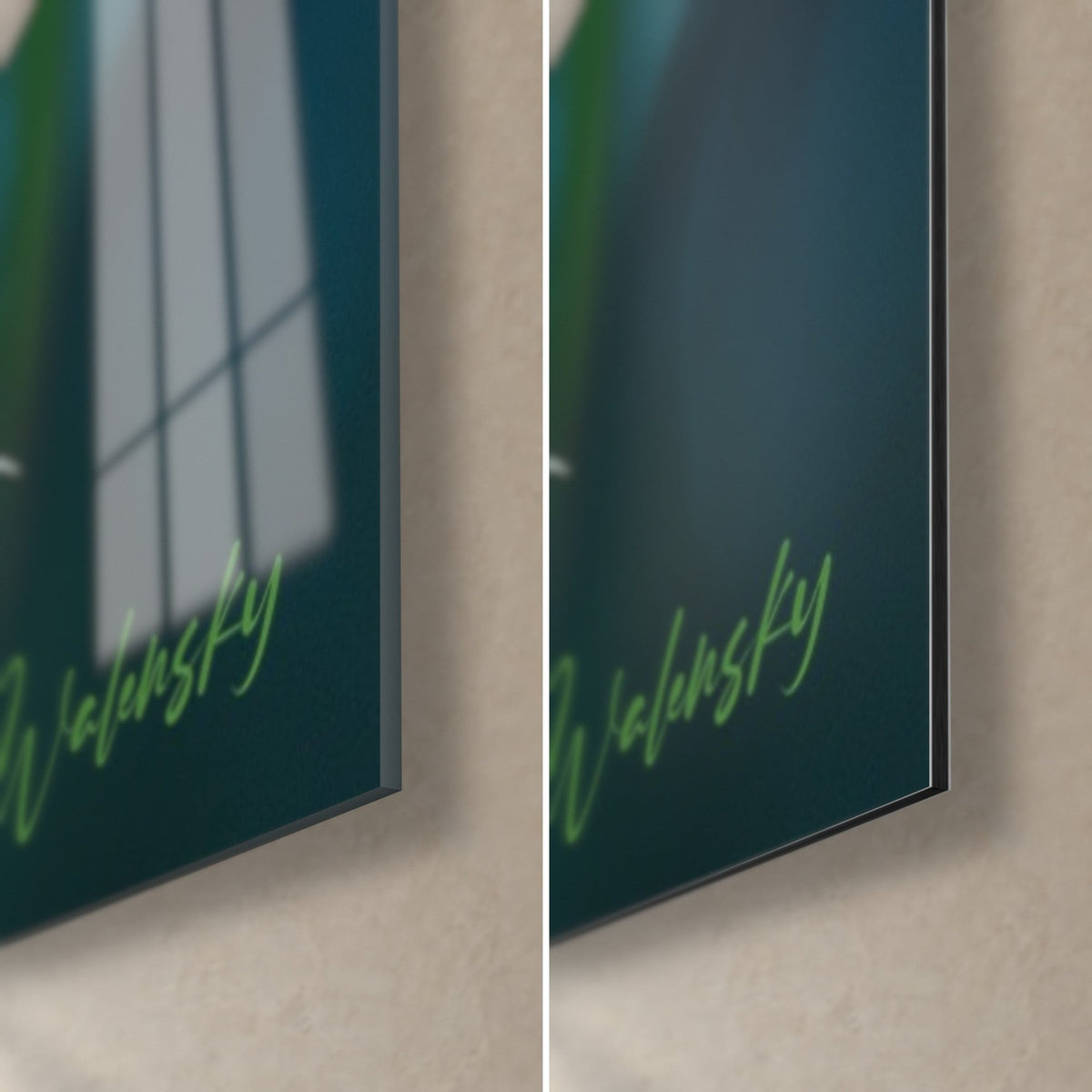 Wall art of dew-drop bamboo, bottom right corner: glossy acrylic glass on the left, matte Dibond aluminium on the right, light green signature, 3 mm thickness