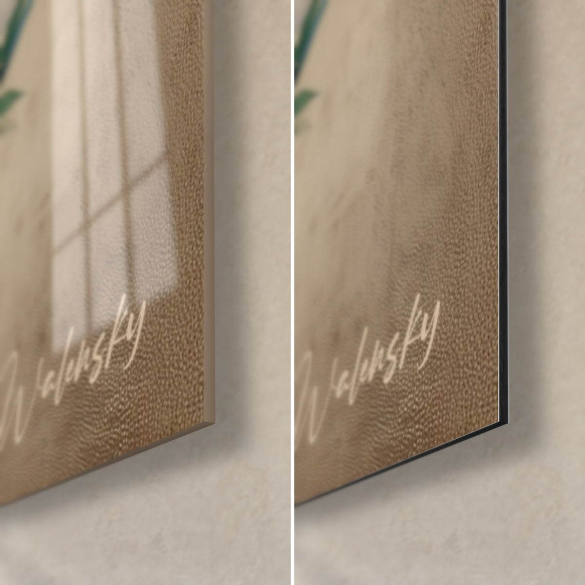 Tableau bambou vert, coin bas droit : verre acrylique brillant à gauche, alu Dibond mat beige à droite, tranche de 3 mm