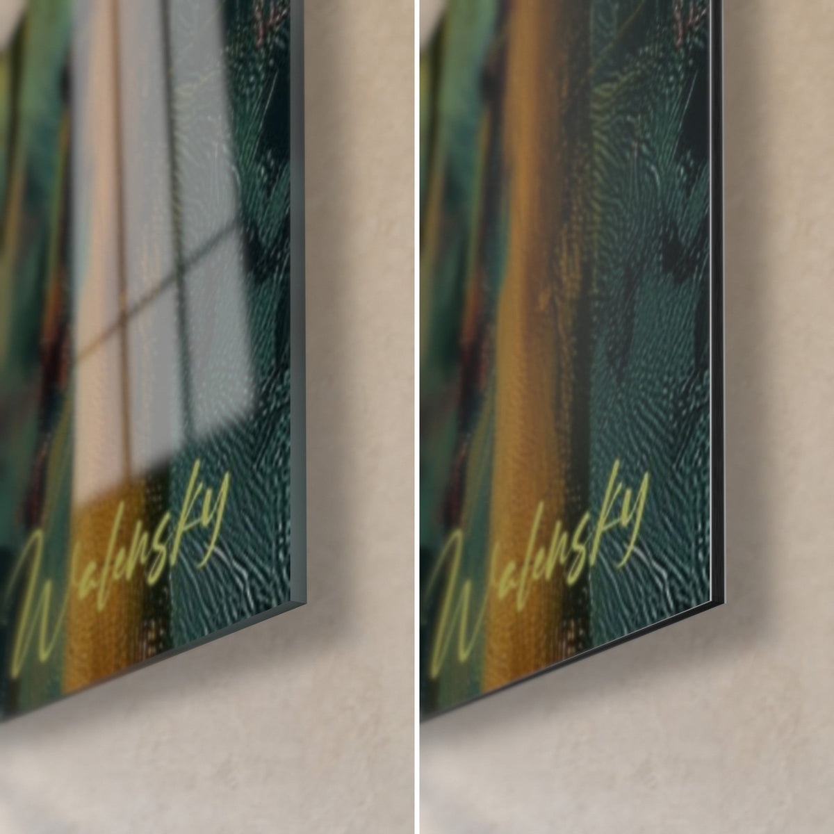Wall art golden and green bamboo, bottom right corner: glossy acrylic glass with reflections, matte black Dibond aluminium, 3 mm thickness