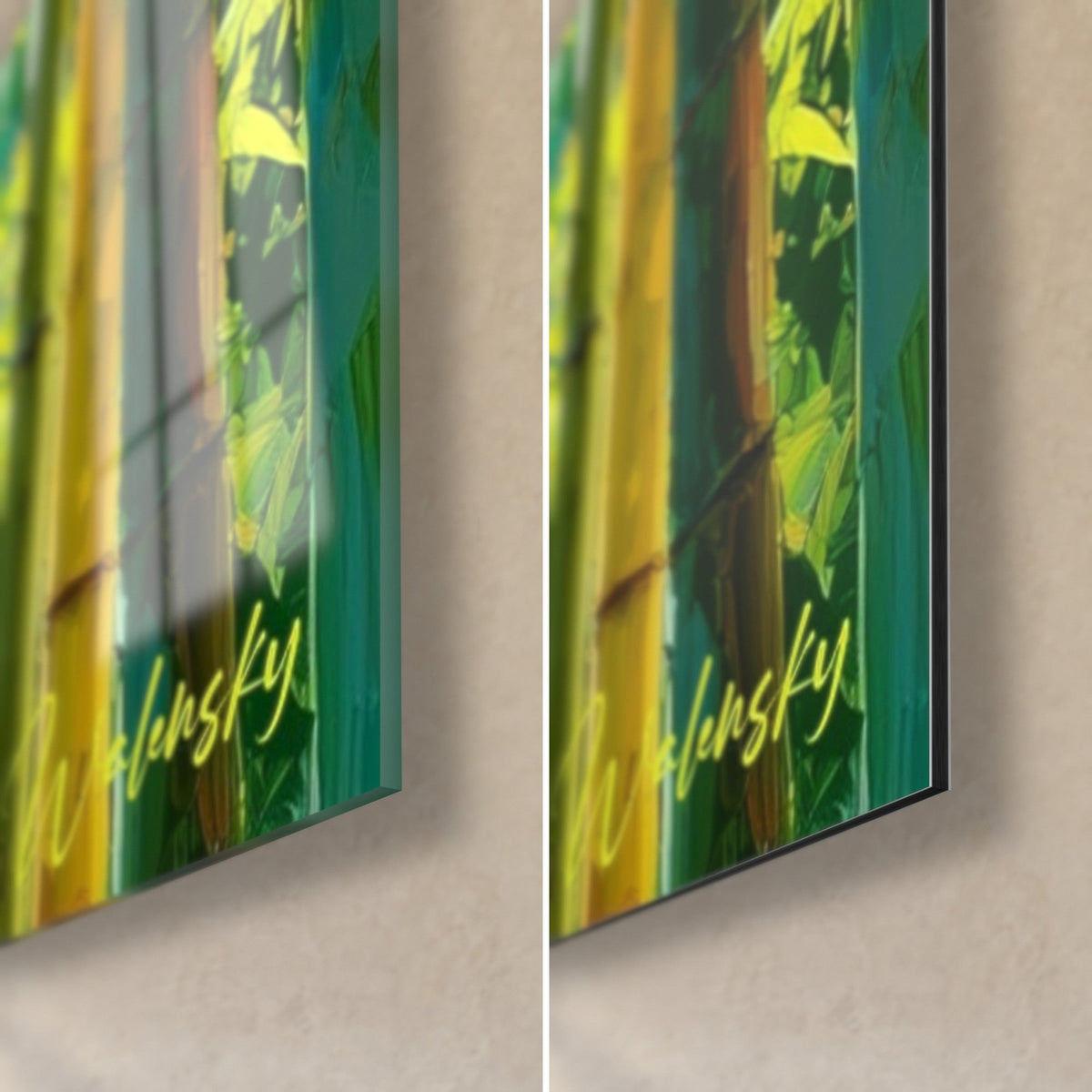 Tableau tiges de bambou jaune miel et bleu-vert, coin bas droit : verre brillant à gauche, Dibond mat à droite, tranche 3 mm