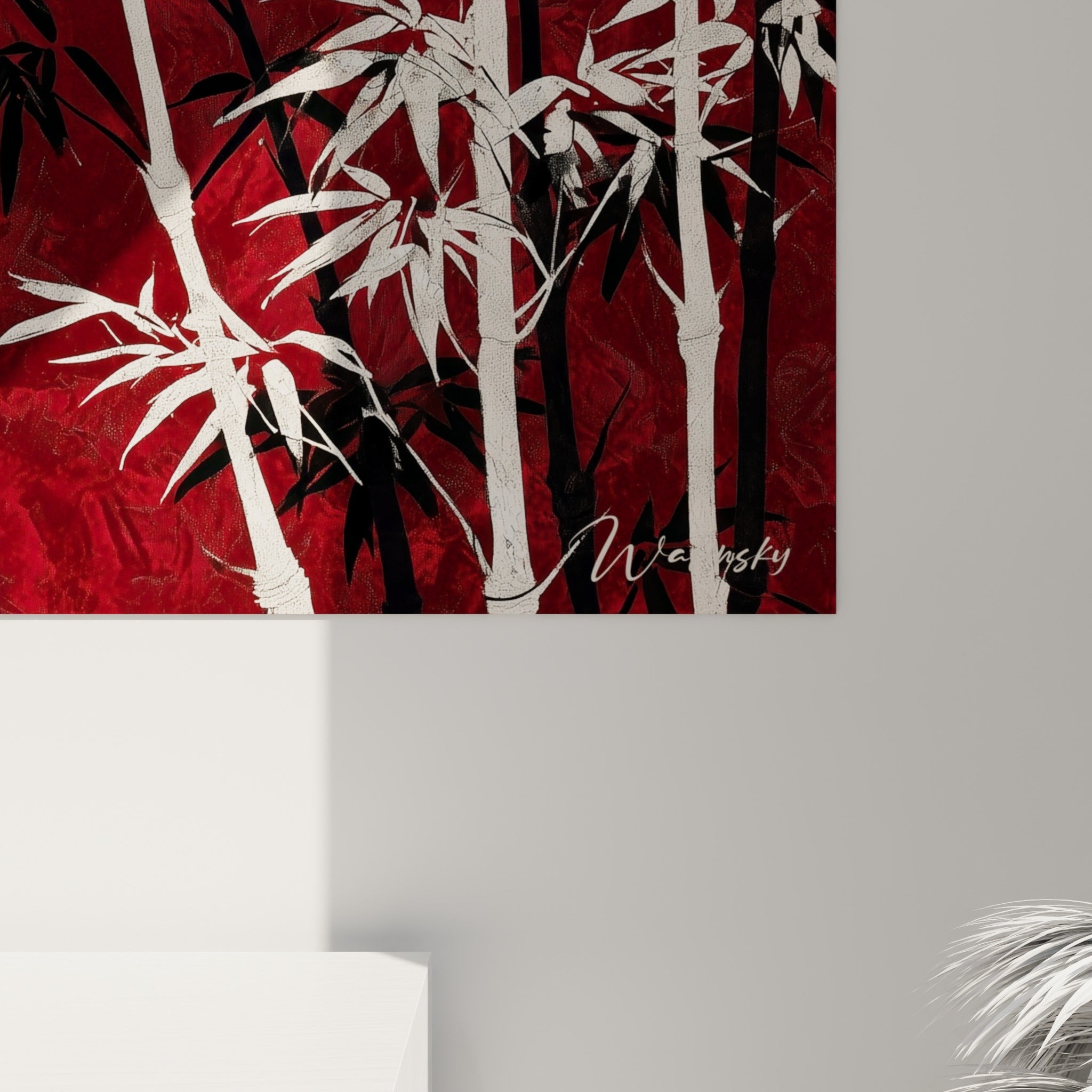 Grain de la toile révélant les nuances de rouge bordeaux et les traits blancs du bambou peint