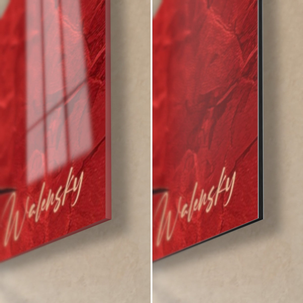 Quadro bambù neri su fondo rosso strutturato, angolo in basso a destra: vetro lucido a sinistra, Dibond nero opaco a destra, firma Walensky