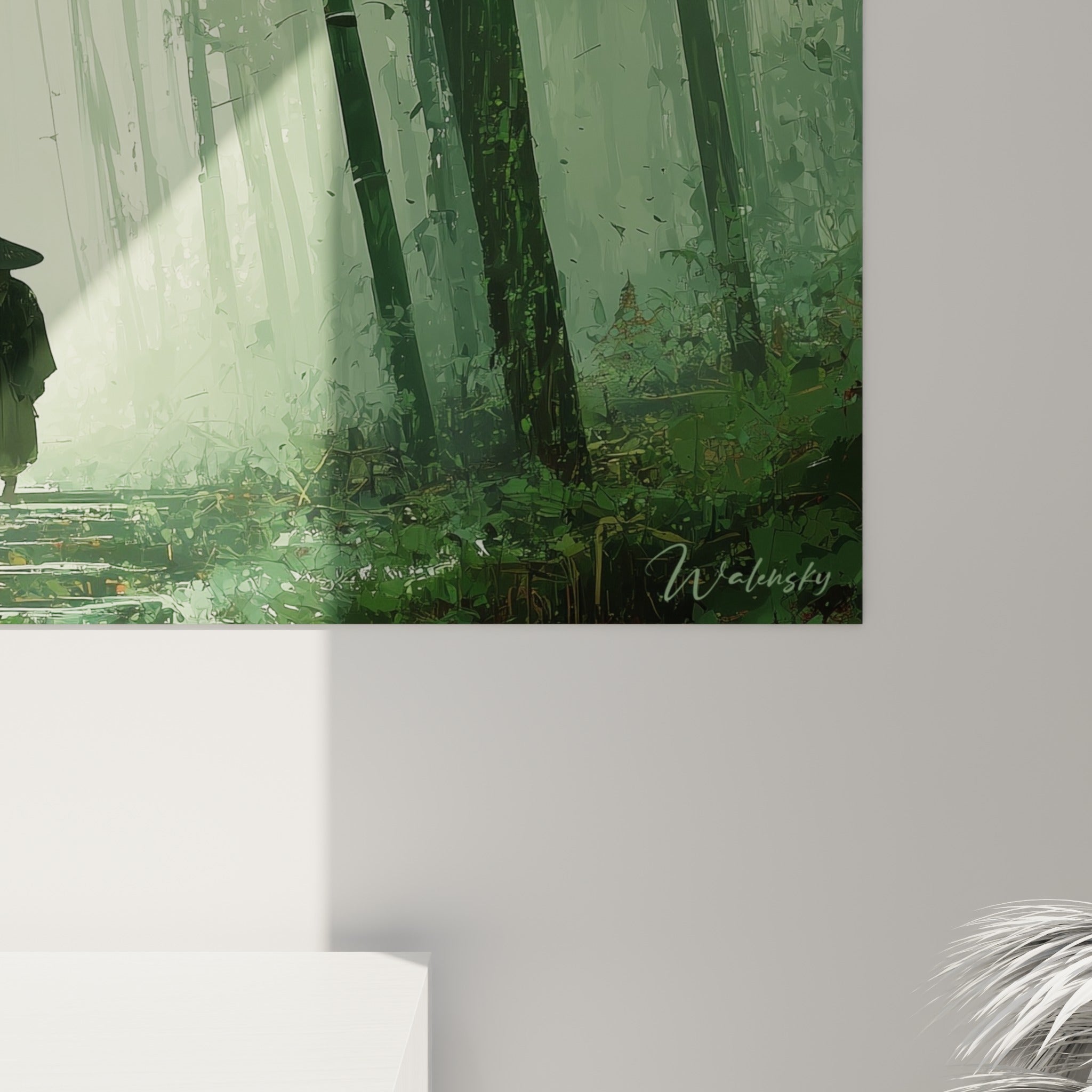 Grain pictural des troncs anthracite et touches de lumière filtrée visibles de près sur ce tableau bambou
