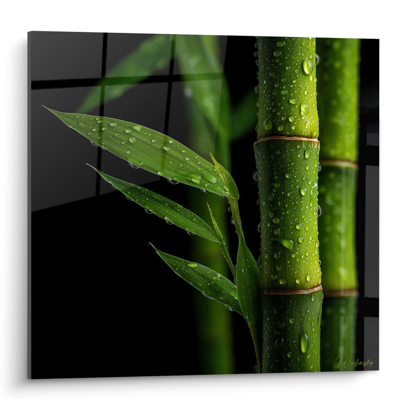Tableau Tige vert et noir gouttelettes scintillantes - Reflets sur fond quadrillé - Edition Bambou