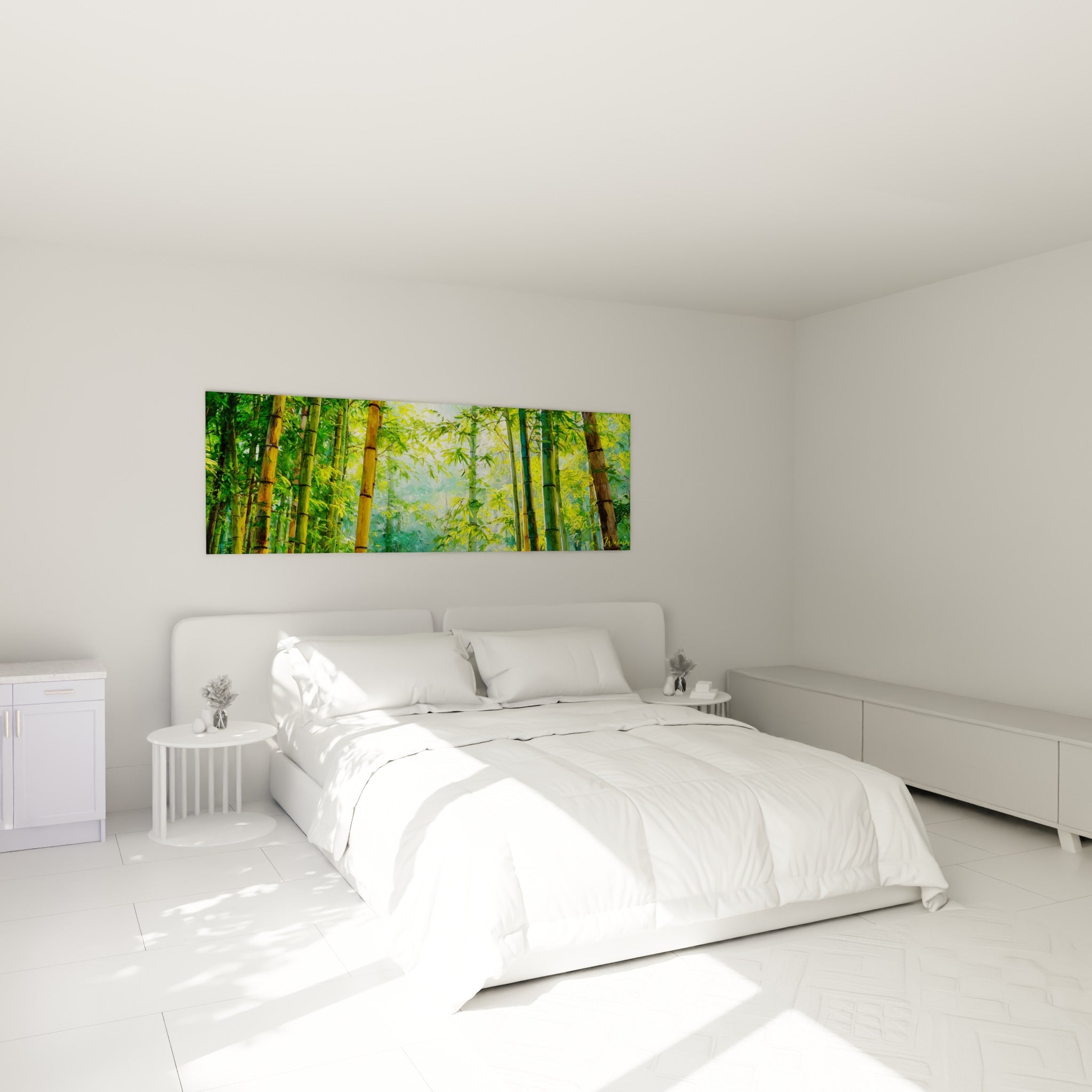 Bambous verts et dorés baignés de lumière filtrée, accrochés au-dessus d'un lit dans une chambre claire
