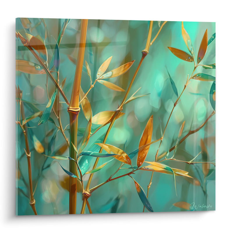 Tableau Tiges dorées et feuilles turquoise - Clairière lumineuse - Edition Bambou