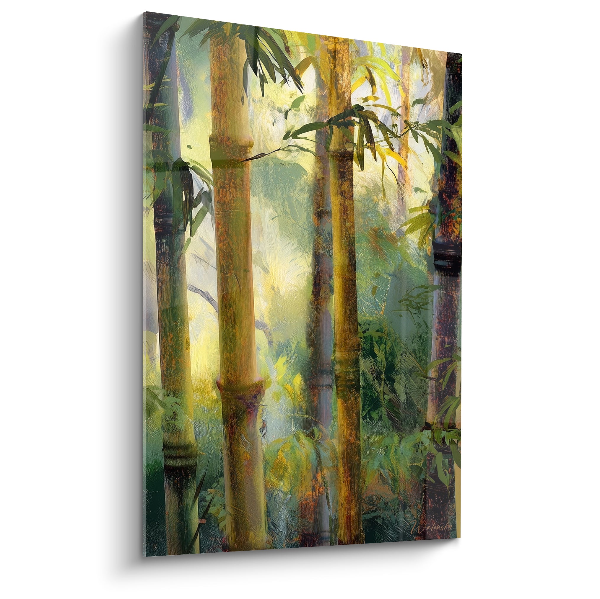 Tiges de bambou dorées et vertes s'élevant dans une lumière diffuse, texture picturale dense