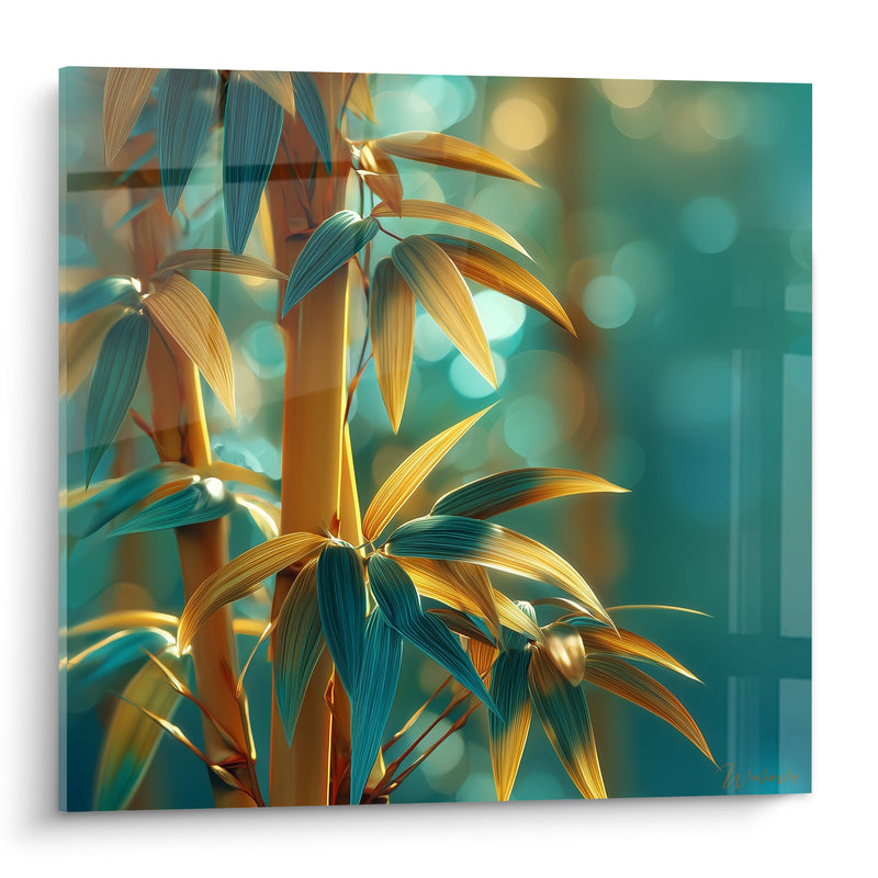 Tableau Bambou doré aux tiges turquoise lumineuses - Clairière baignée de lumière - Edition Bambou