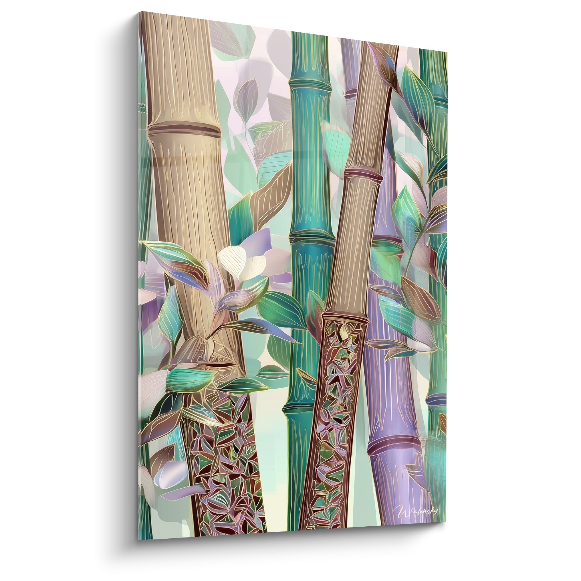 Tiges de bambou vert émeraude et lilas entrelacées de feuillages sur fond clair, style graphique