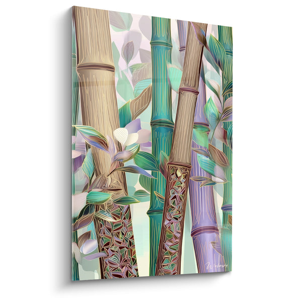 Bamboo Painting - Emerald Green and Lilac Stems - Tropical Clearing - Bamboo Edition