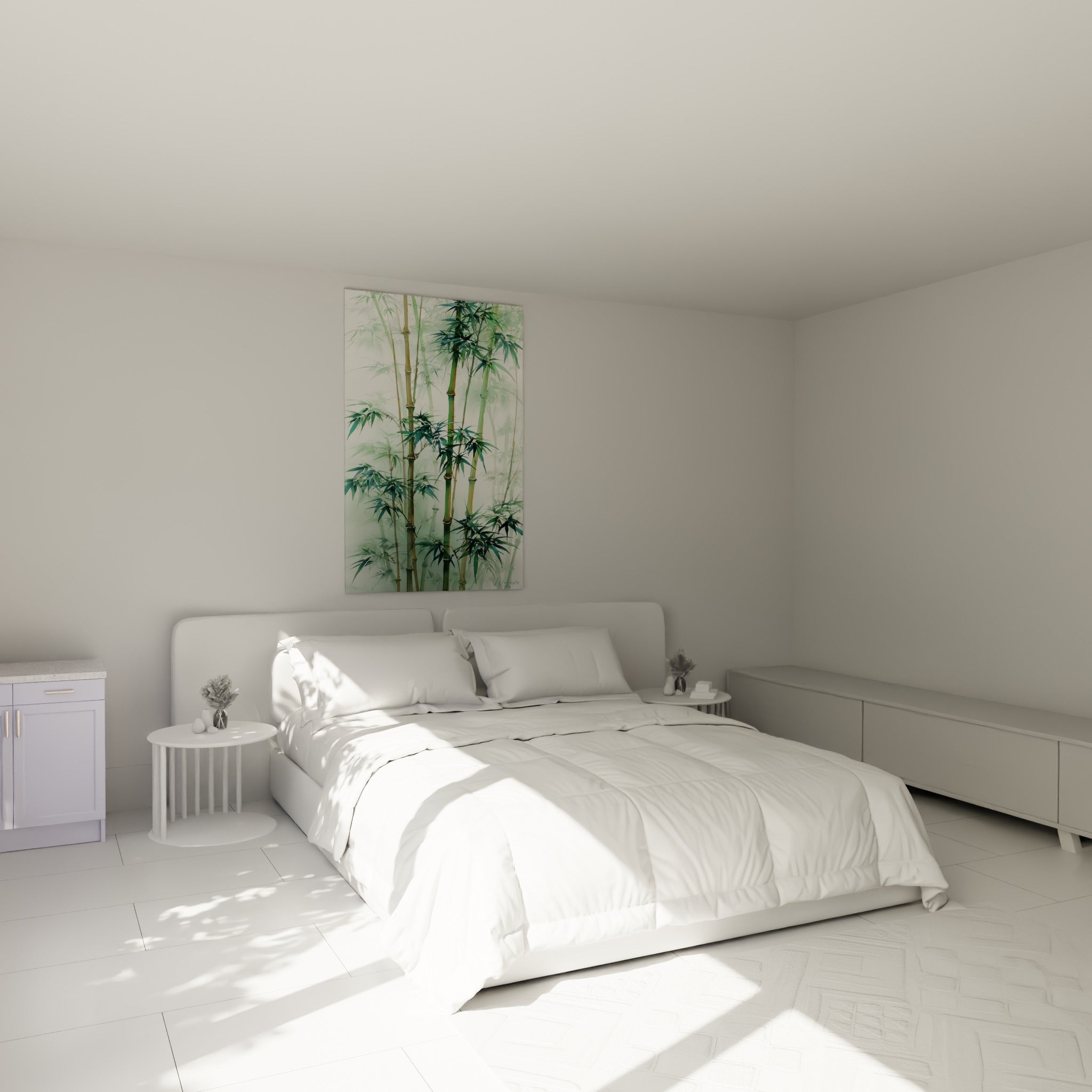 Tiges de bambou vert sauge et ocre se dressant au-dessus d'un lit dans une chambre claire