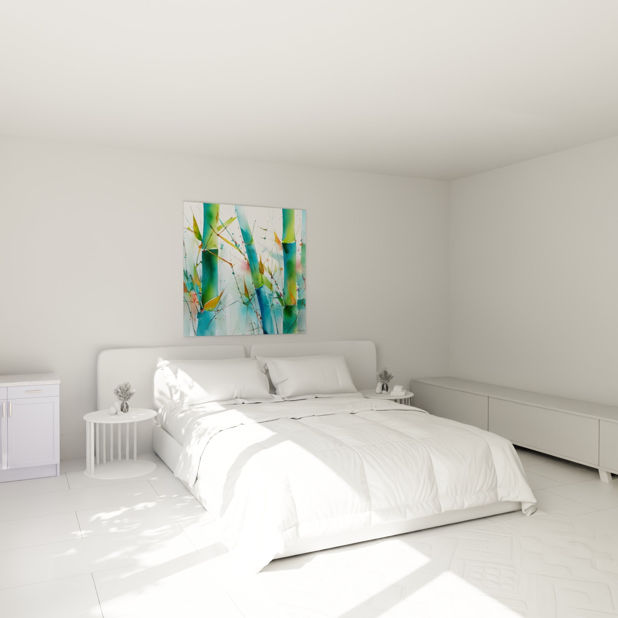 Bambous verts et turquoise en aquarelle légère au-dessus d'un lit dans une chambre claire
