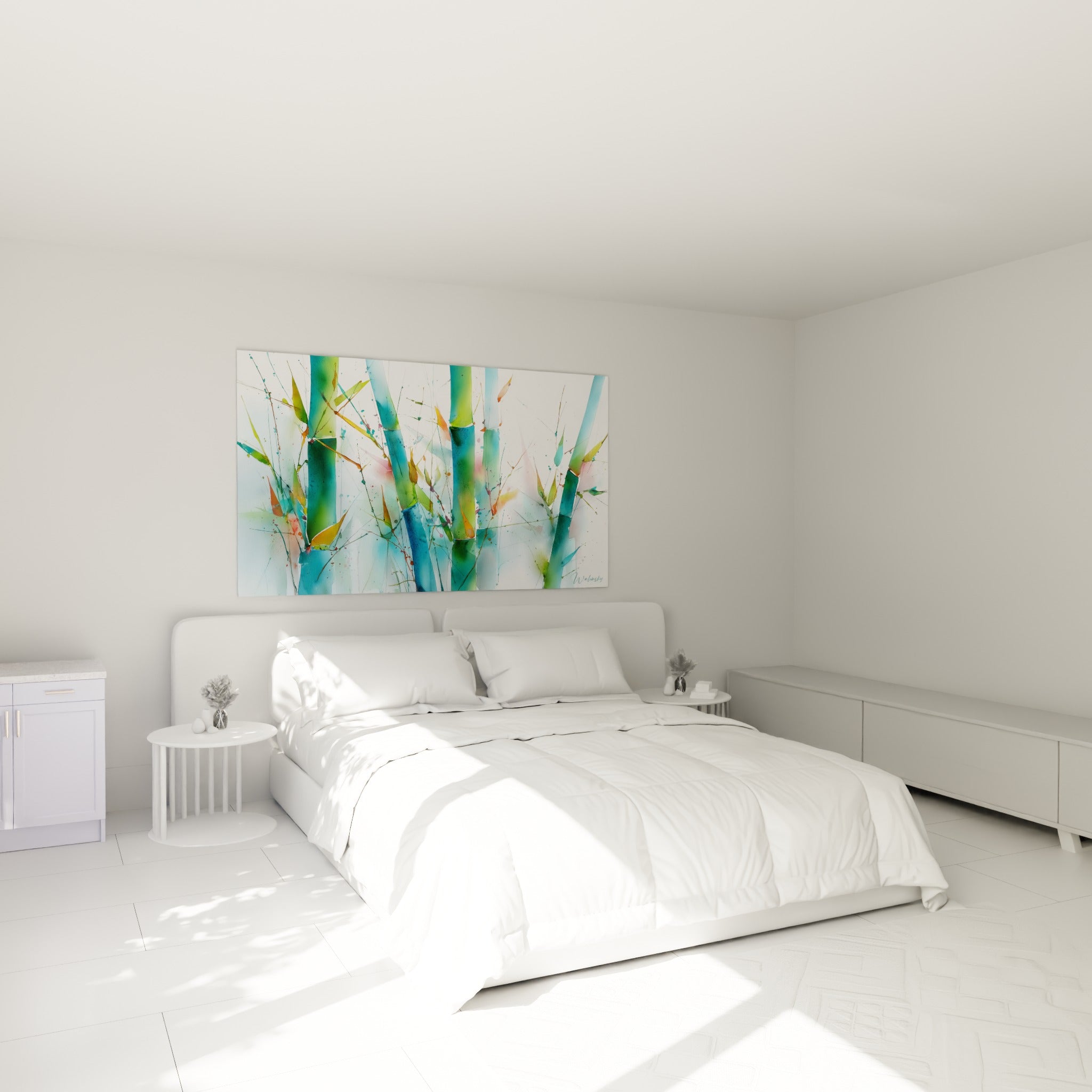 Tiges de bambou turquoise et vert sauge accrochées au-dessus d'un lit dans une chambre claire
