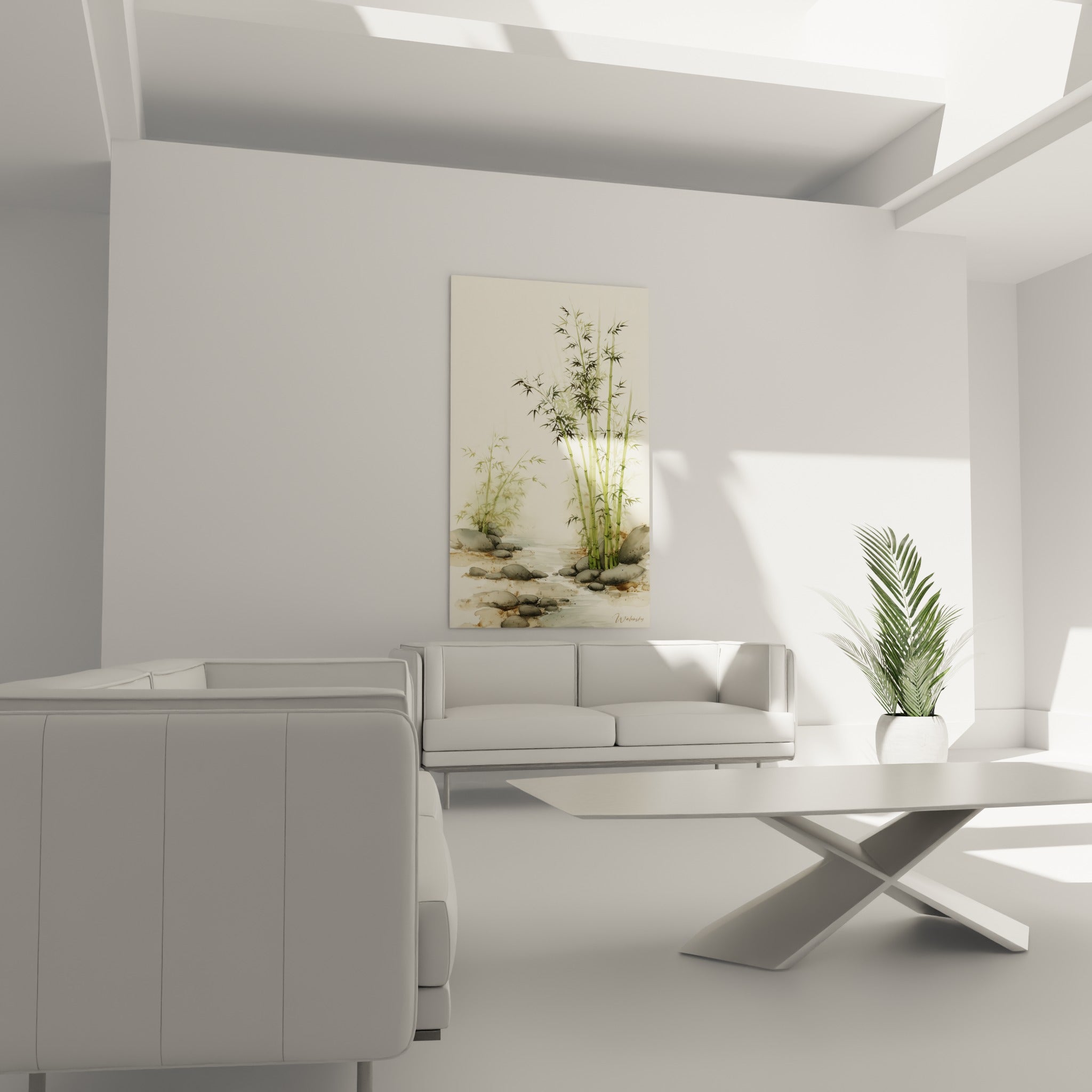 Bouquet de bambou vert tendre et galets bruns, au-dessus d'un canapé dans un salon lumineux