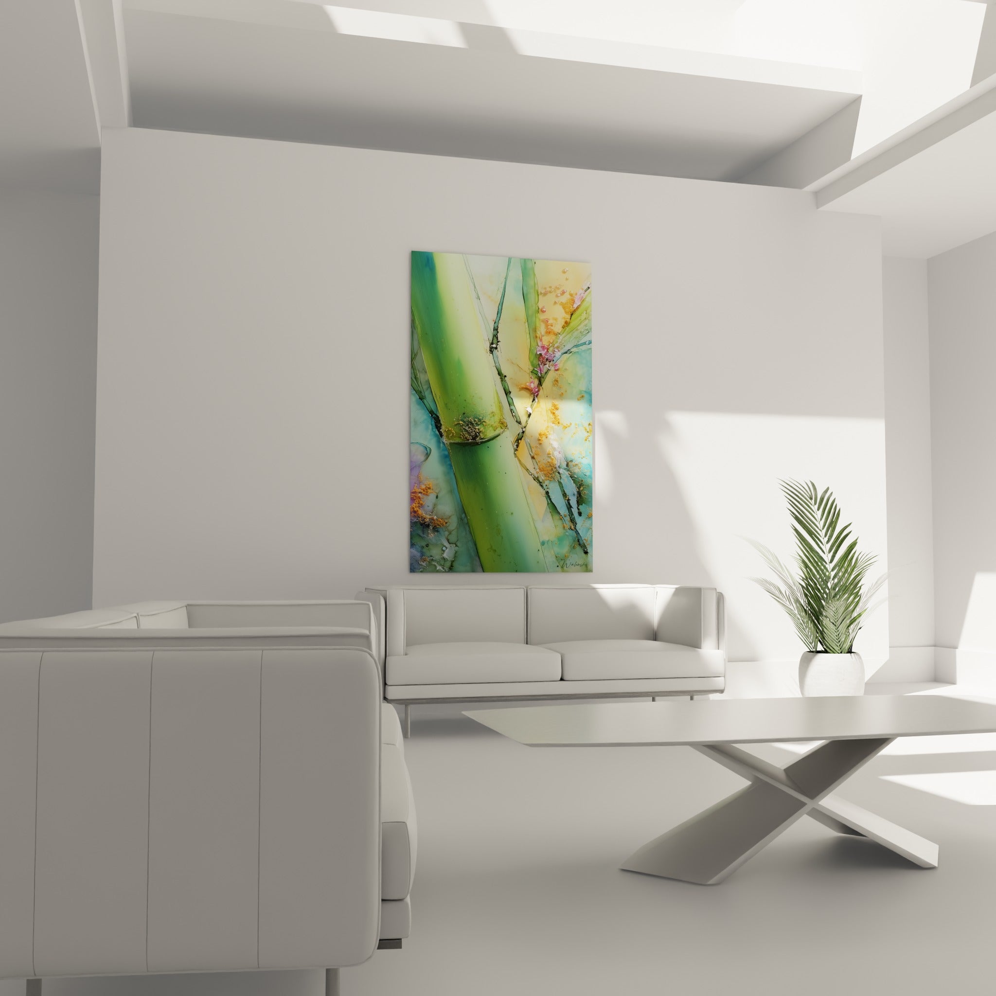 Bambou aux teintes vertes et bleu pastel, suspendu au-dessus d'un canapé dans un salon lumineux