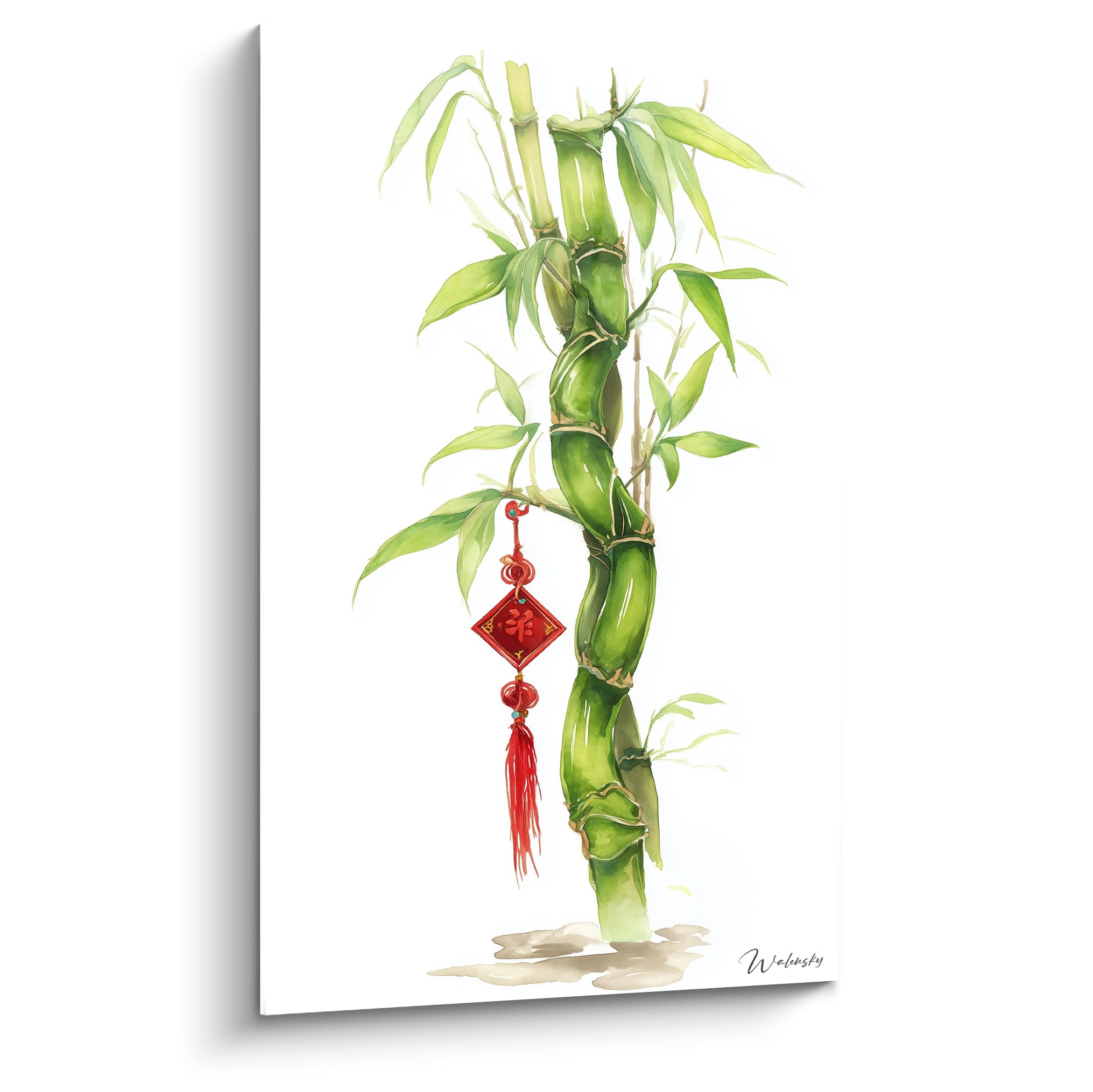 Bambou tressé vert olive et vert tendre, pendentif rouge vermillon, fond blanc épuré à l'aquarelle