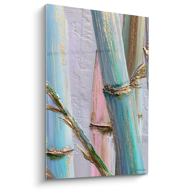 Tableau Bambou turquoise et rose aux nœuds dorés - Clairière scintillante - Edition Bambou