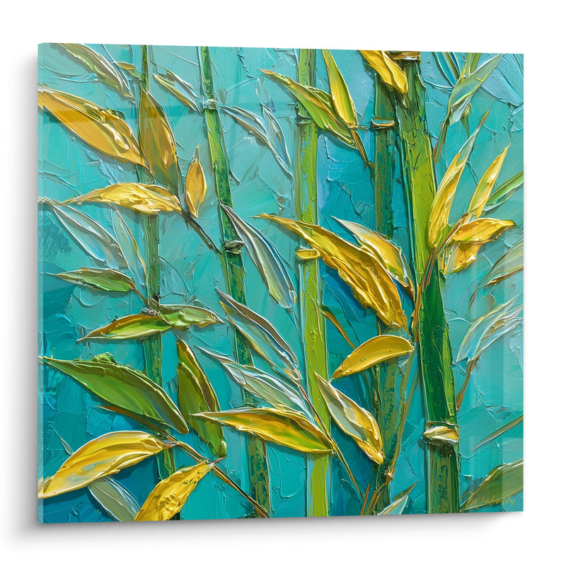 Tableau Feuilles pointues turquoise et or texturées - Empâtements au couteau - Edition Bambou