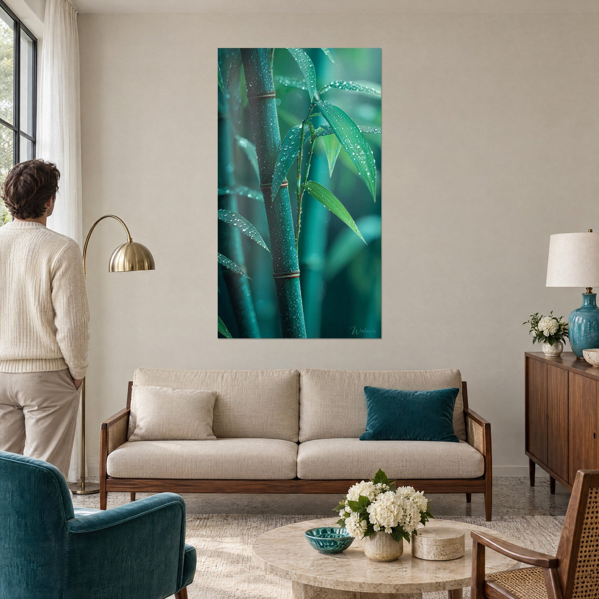 Quadro di gambo di bambù turchese punteggiato di gocce, foglie verde smeraldo, visto di spalle da un visitatore sopra un divano in un soggiorno luminoso