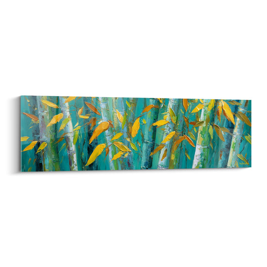 Tiges de bambou turquoise et feuilles dorées peintes au couteau sur toile panoramique