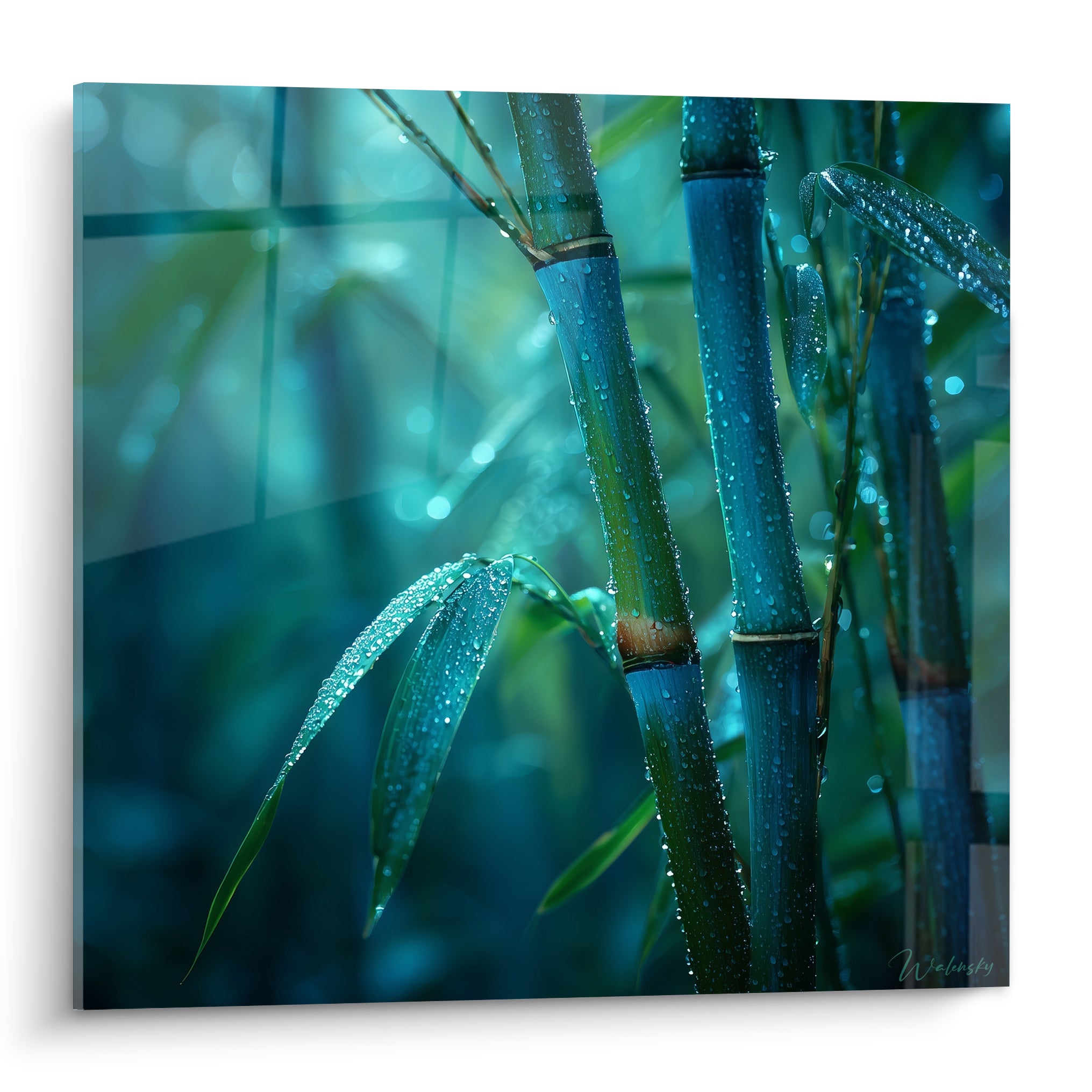 Bambou aux tiges bleu turquoise et vert, gouttes de rosée scintillantes, fond flou