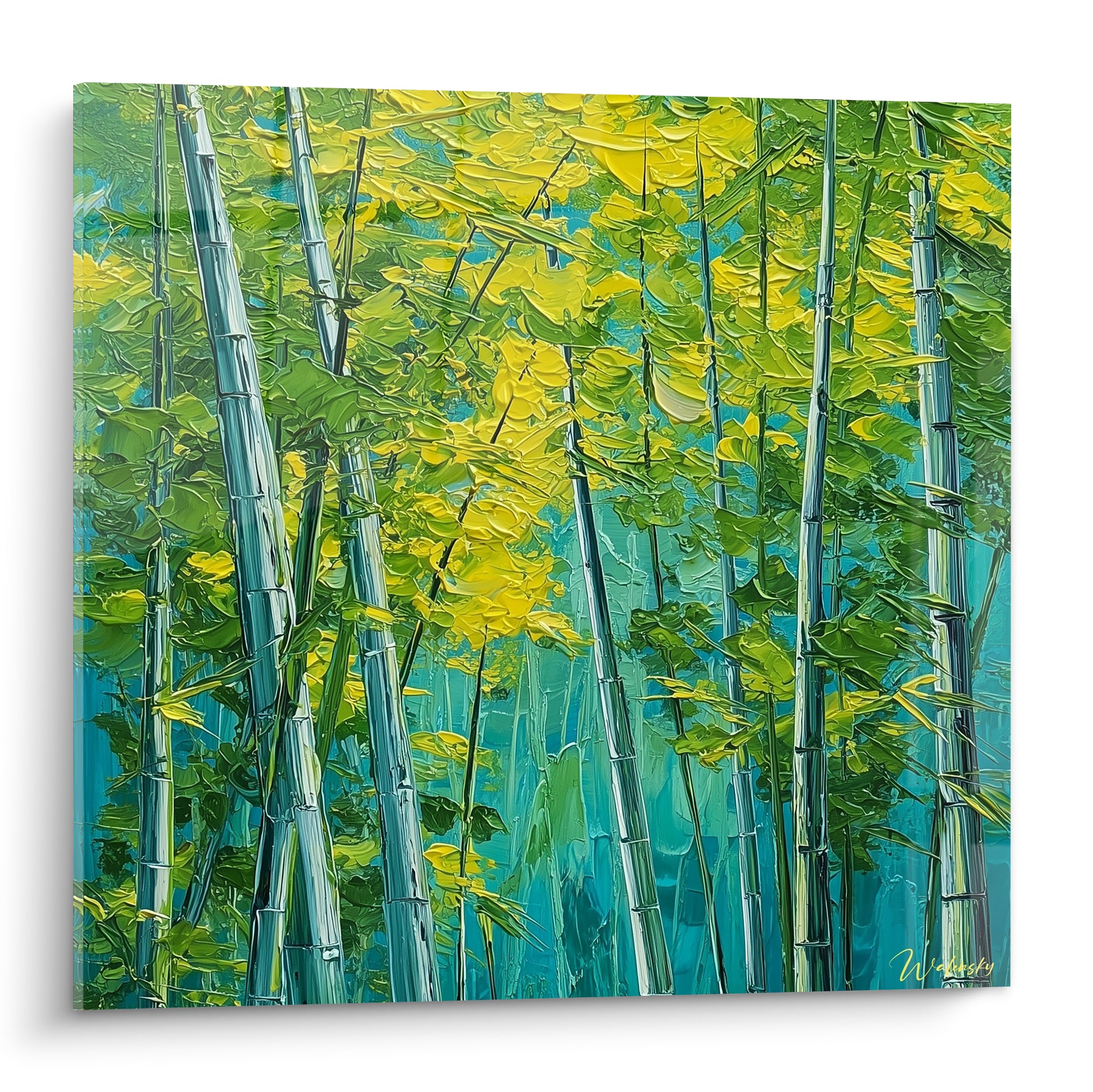 Bambous élancés en turquoise et jaune, feuillage lumineux peint au couteau texturé