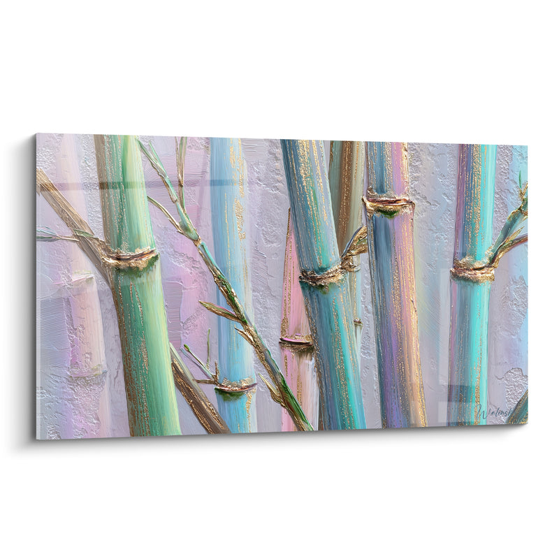 Tableau Tiges turquoise et rose pastel noeuds diagonaux - Fond mauve texturé - Edition Bambou