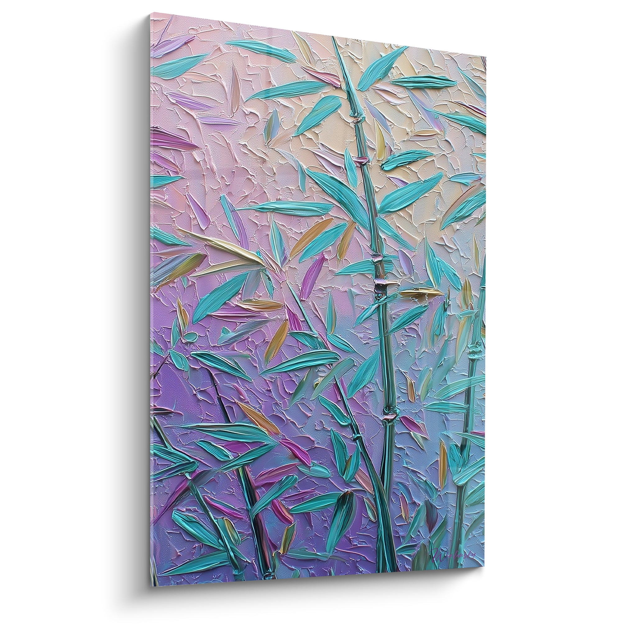Bambou turquoise aux feuilles violettes et dorées, texture peinte au couteau en pleine lumière