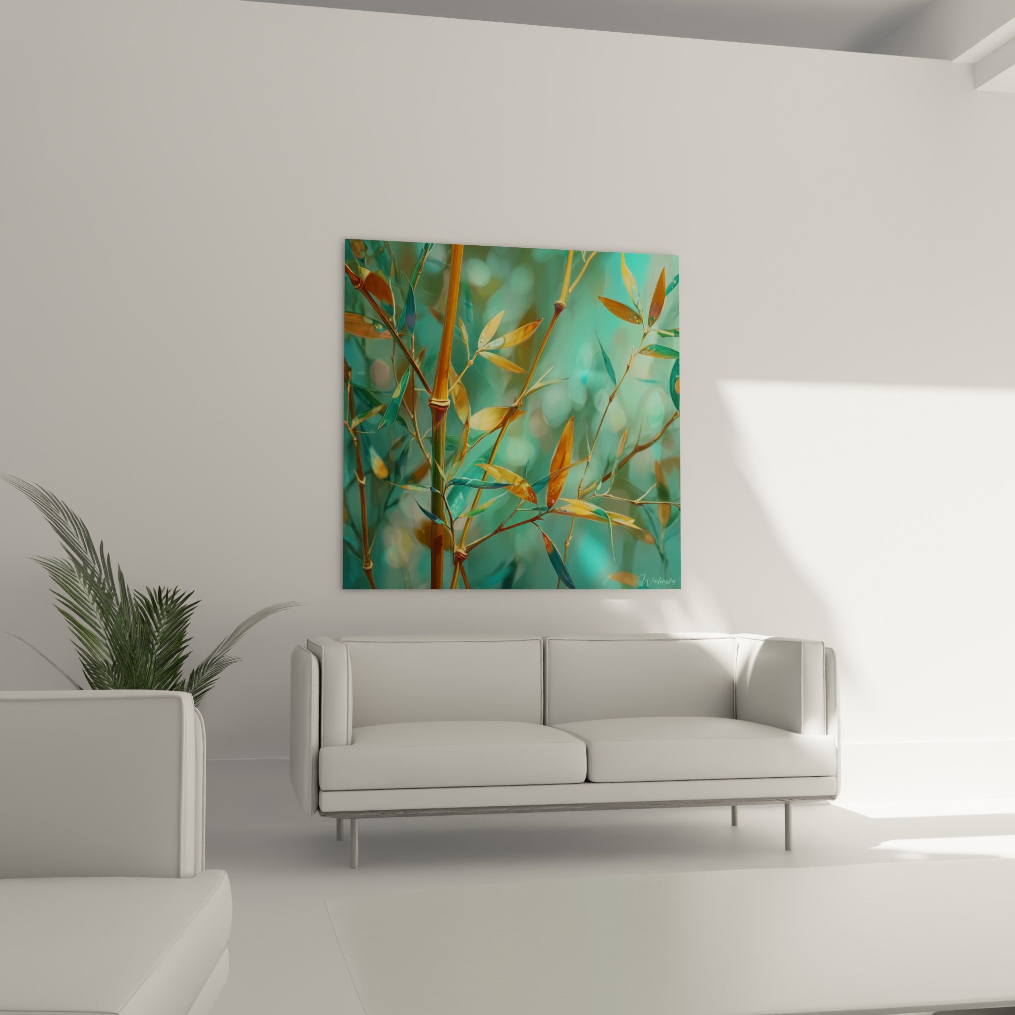 Bambou stylisé mêlant doré et turquoise, au-dessus d'un canapé dans un salon lumineux