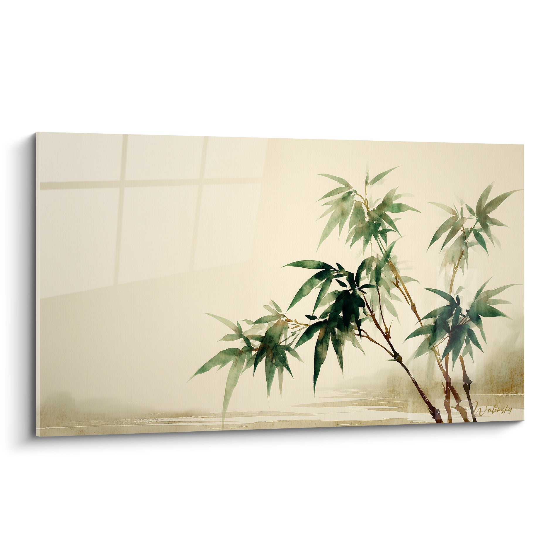 Bambou vert émeraude et tiges dorées peints à l'aquarelle sur fond beige brumeux