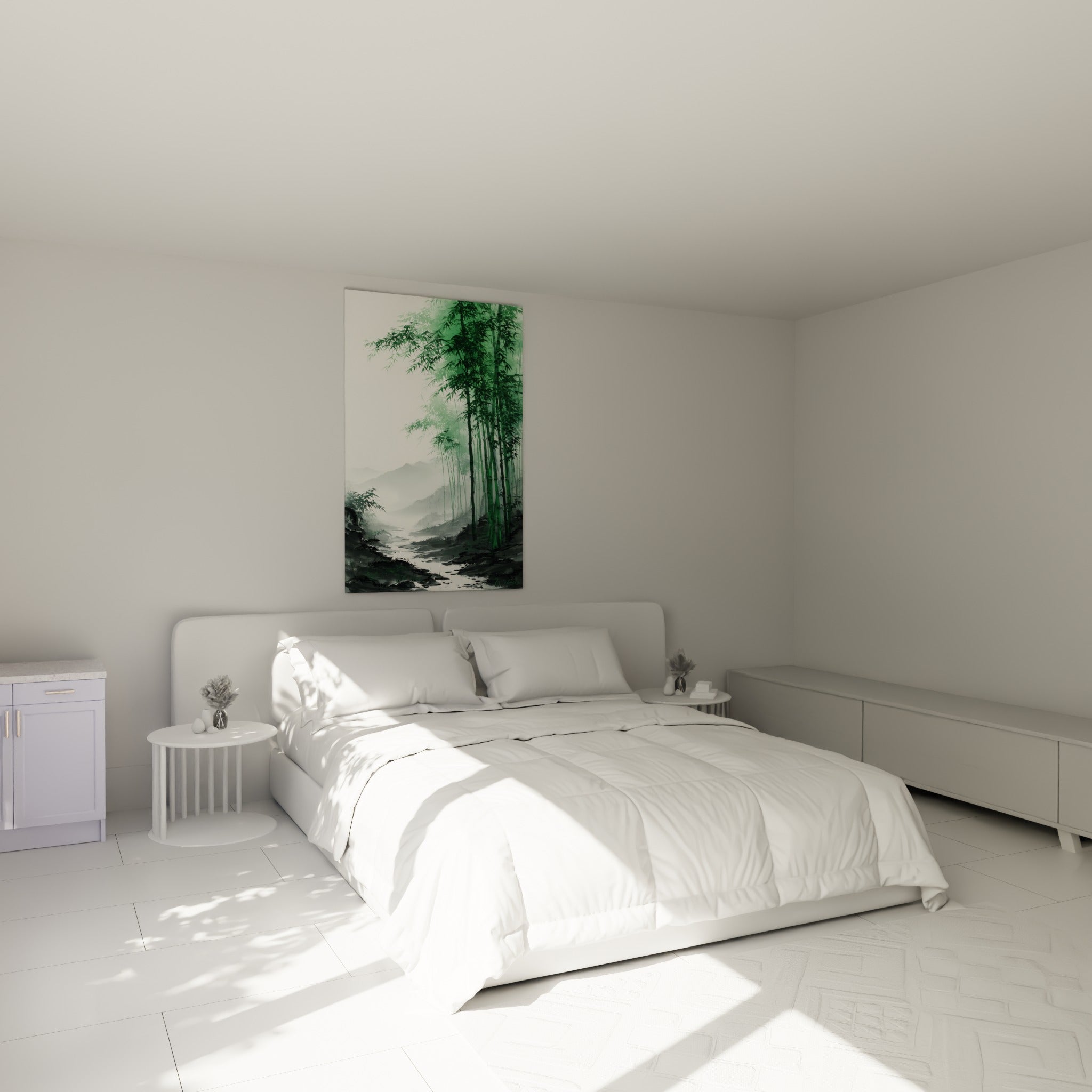 Bambouseraie verte et blanche façon encre de Chine, au-dessus d'un lit dans une chambre claire
