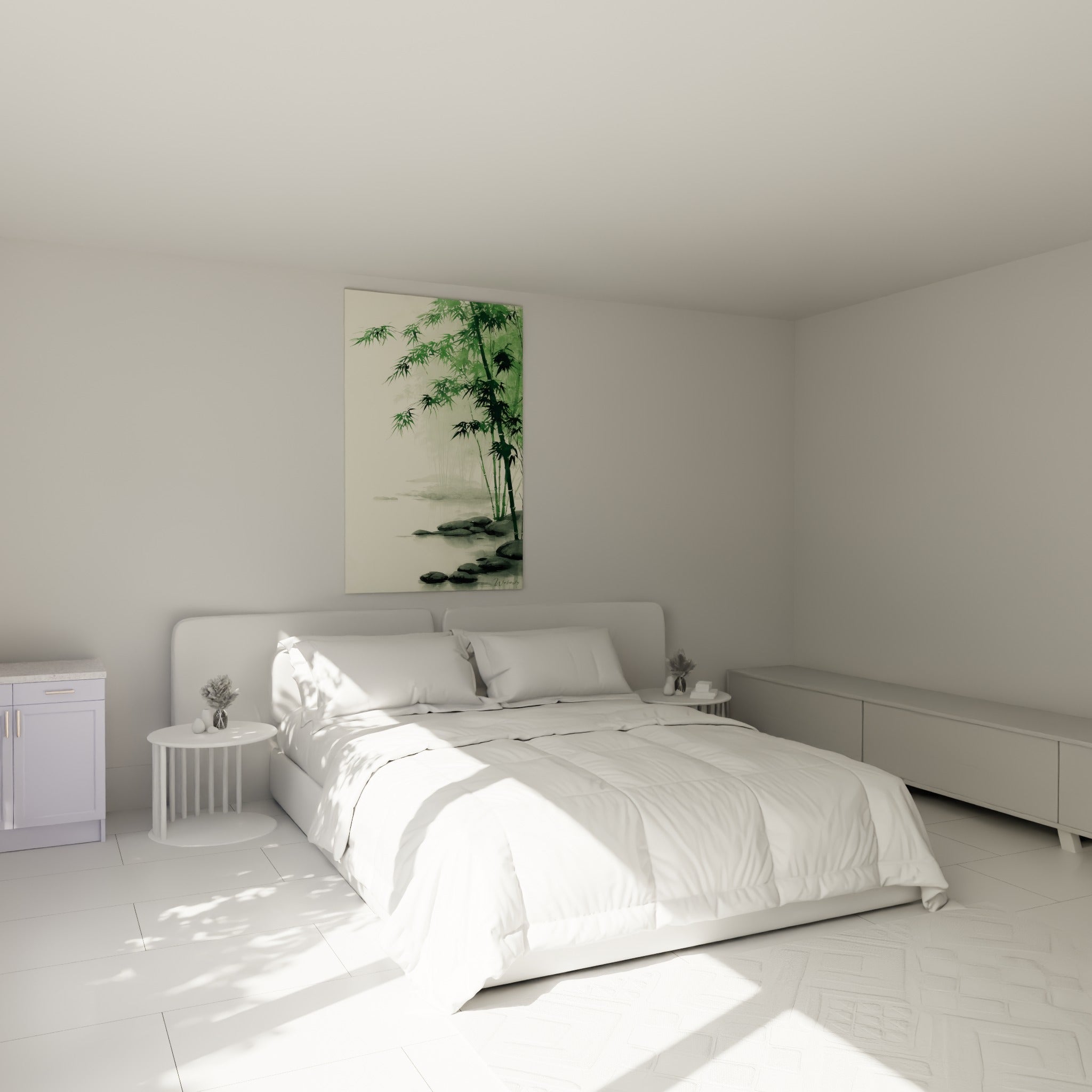 Tiges de bambou vert et gris brumeux au-dessus d'un lit dans une chambre claire