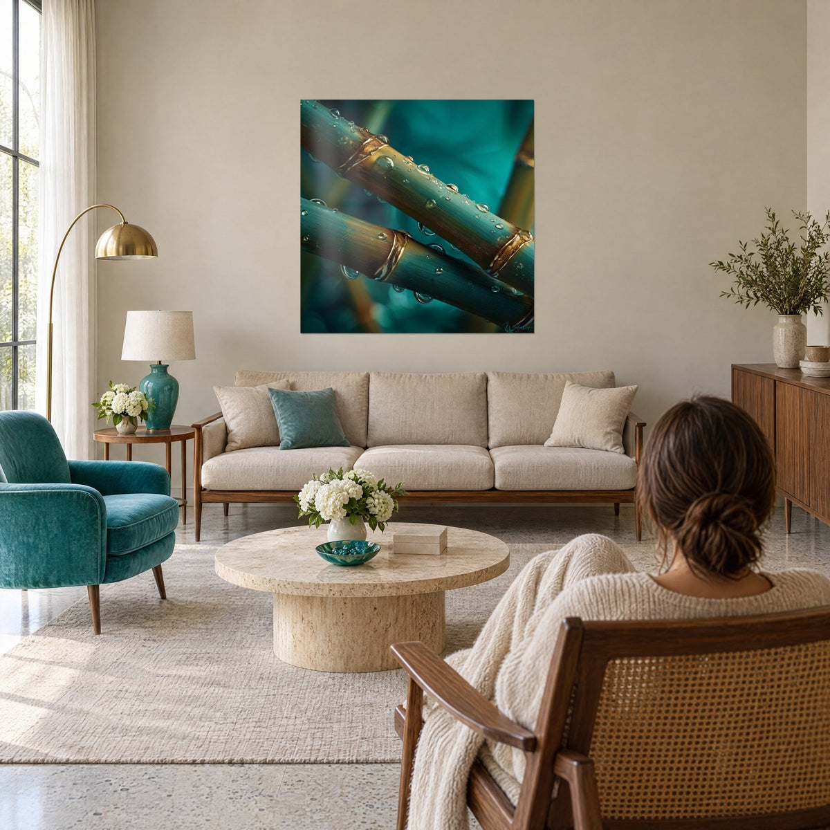 Tableau bambou turquoise ruisselant de gouttelettes, nœuds dorés en diagonale, femme de dos, au-dessus d'un canapé dans un salon lumineux