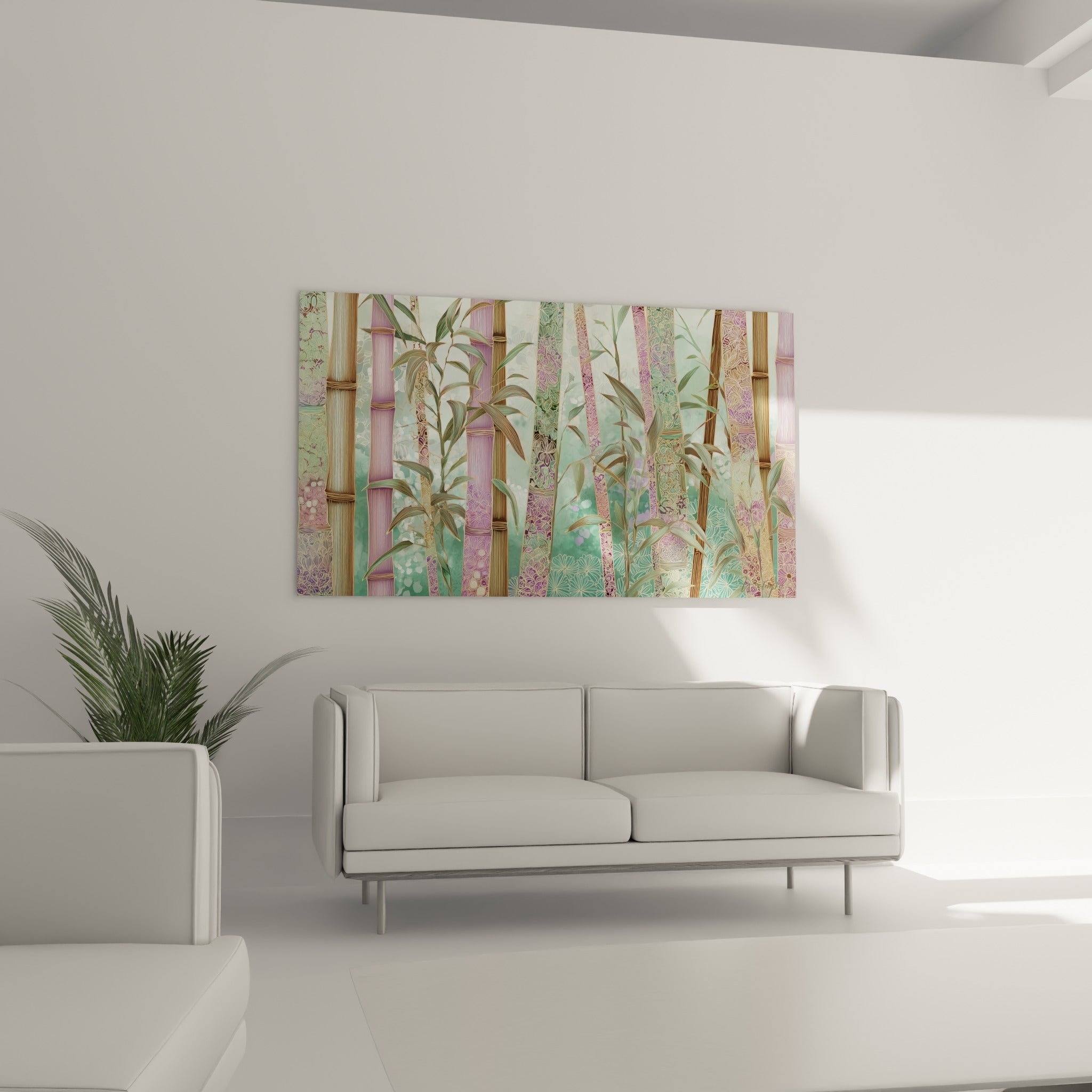 Bambous ornementaux aux teintes ocre et mauve au-dessus d'un canapé dans un salon lumineux