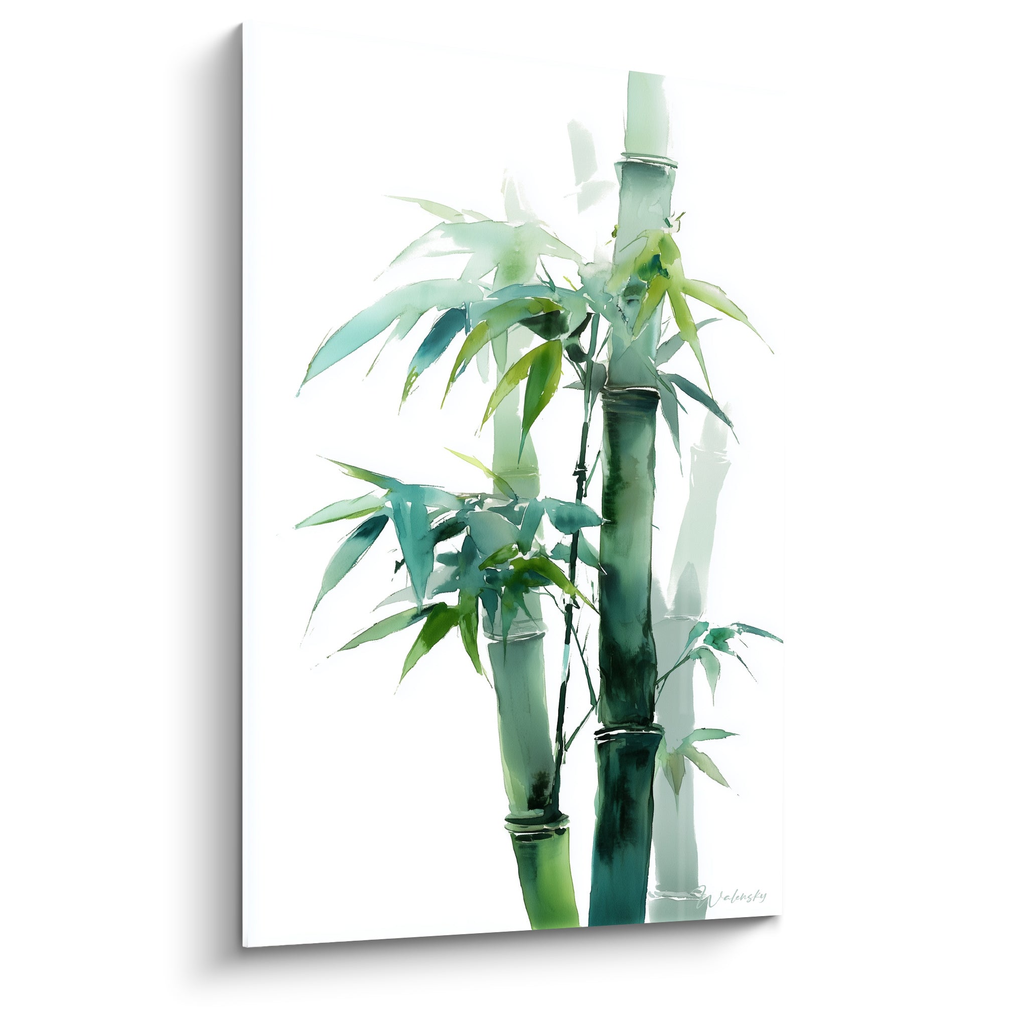 Bambou vert émeraude et sauge en aquarelle sur fond blanc, tiges verticales détaillées