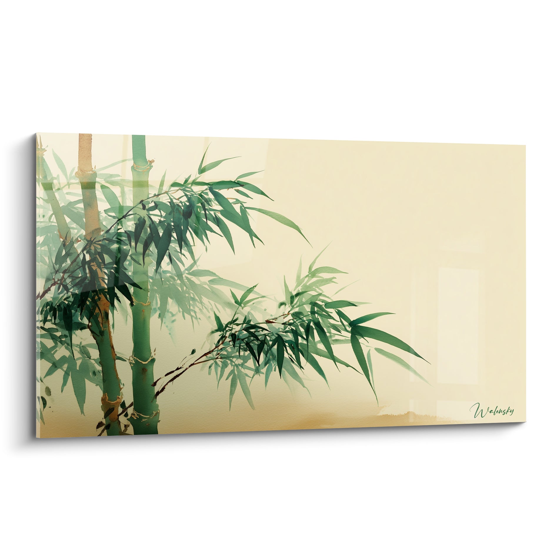 Bambou vert et beige aux feuilles fines peintes en aquarelle sur fond ivoire clair