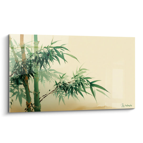 Cuadro de tallos verdes y beige, rama inclinada en acuarela - Delicada pintura a tinta - Edición Bambú