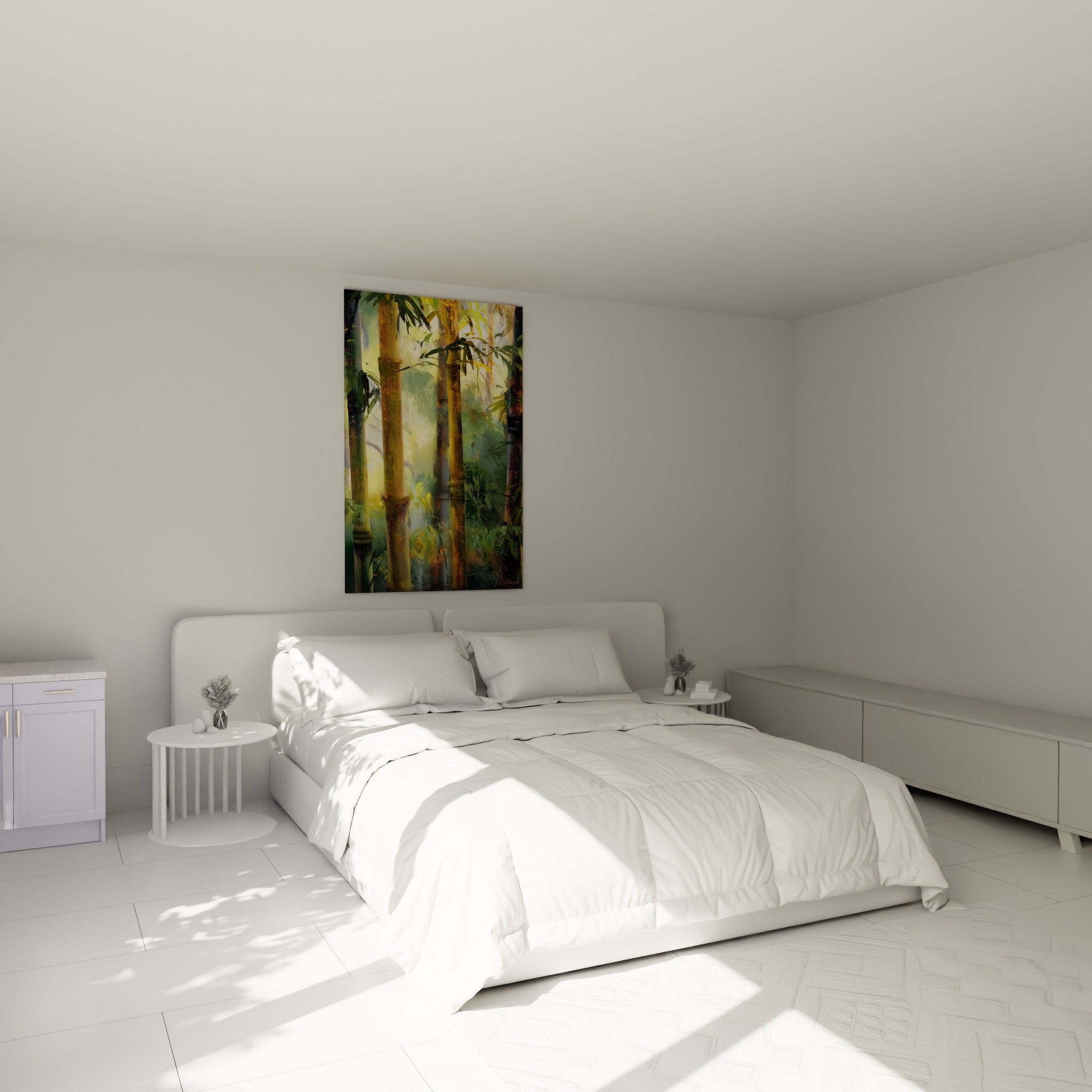 Bambous dorés et feuillage vert émeraude peints avec relief, au-dessus d'un lit dans une chambre claire