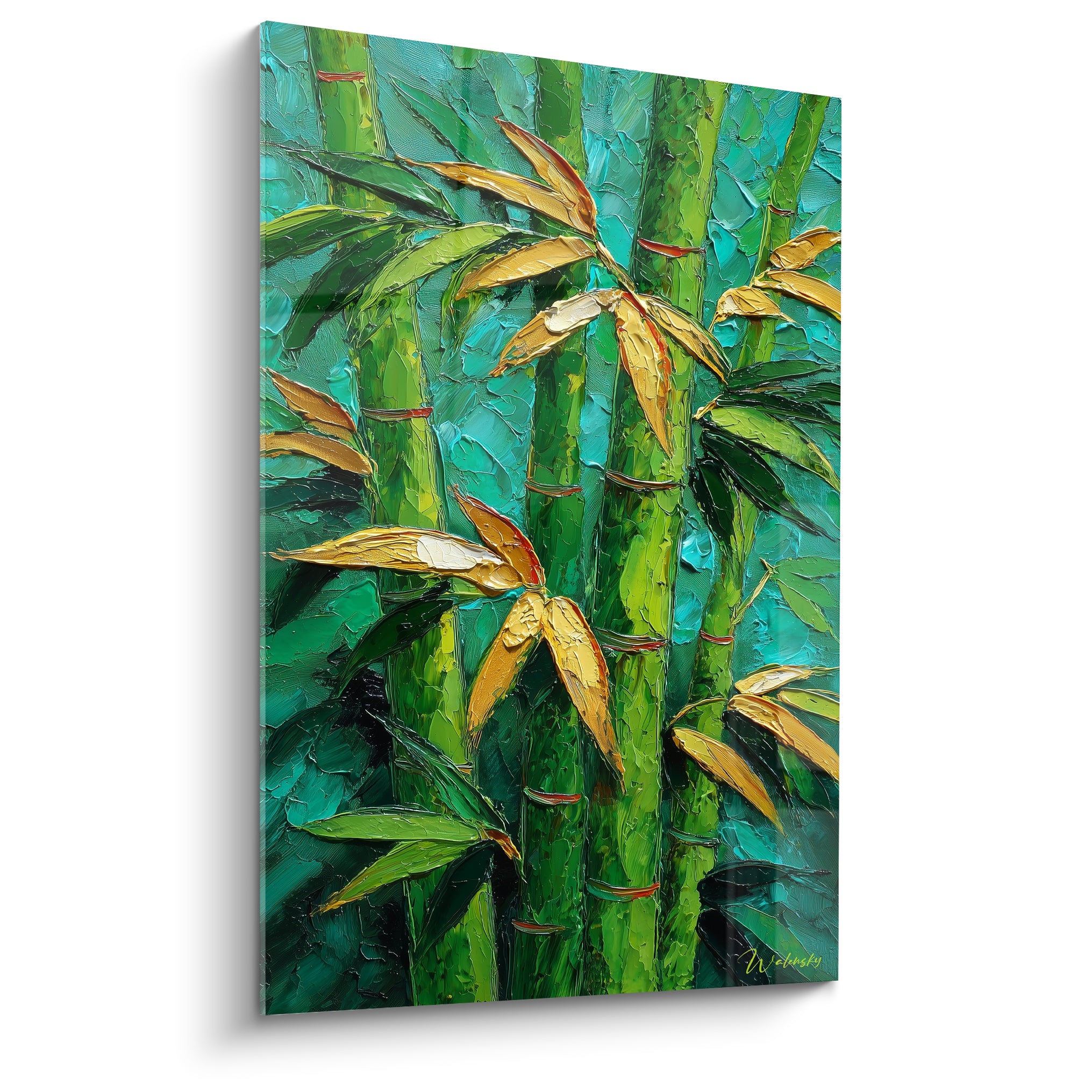 Bambou vert émeraude et feuilles dorées peints en relief sur fond turquoise texturé