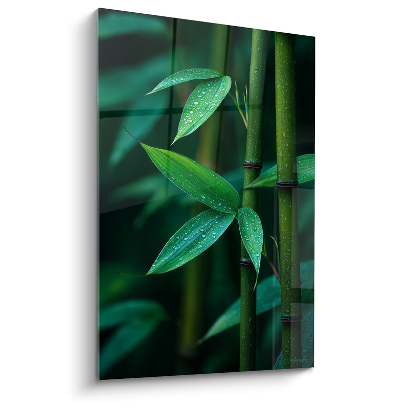 Tableau Feuilles vert émeraude et noir gouttelettes scintillantes - Noeuds photographiques détaillés - Edition Bambou
