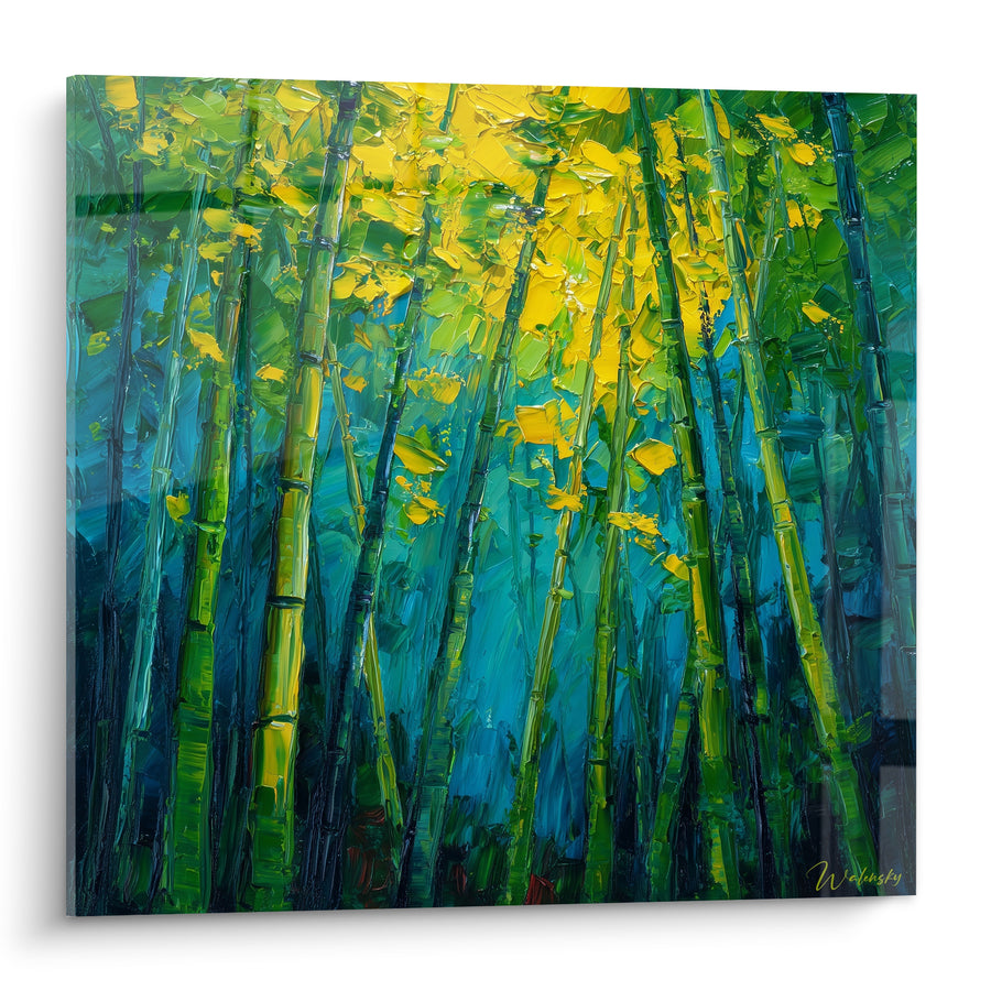 Tableau Forêt de bambous tiges vertes et bleues - Clairière dorée - Edition Bambou