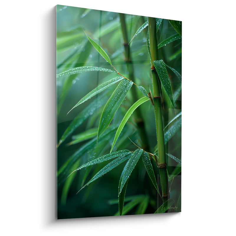 Tableau Feuilles vert et brun gouttelettes scintillantes - Noeuds ponctués de nervures - Edition Bambou